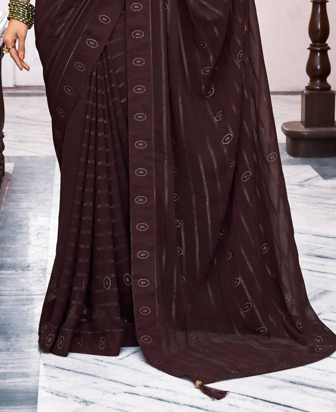 Brown Georgette Swaroski Work Saree With Unstitched Blouse Piece - Juhi - Distacart