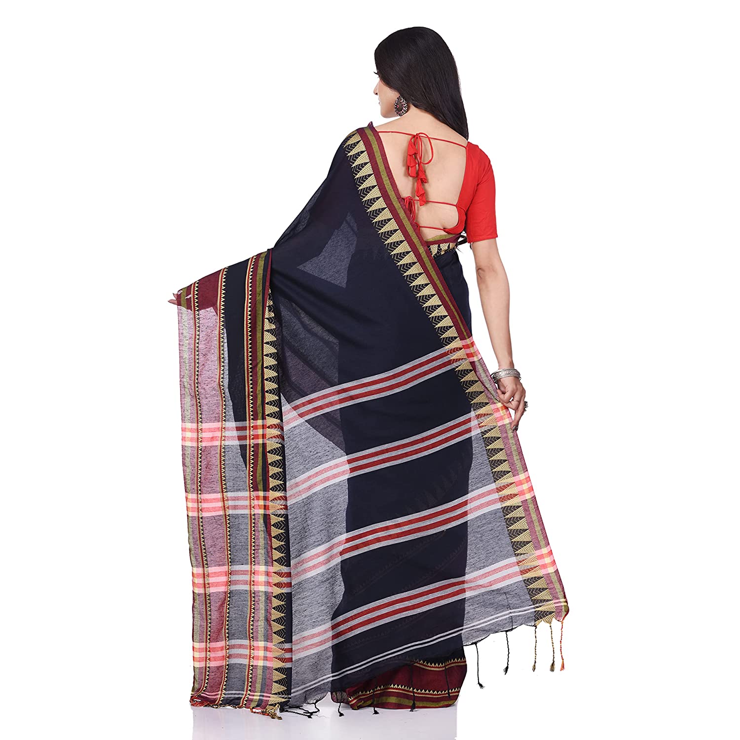 Desh Bidesh Women's Traditional Bengali Mandir Designed Pure Handloom Cotton Saree With Blouse Piece - Distacart