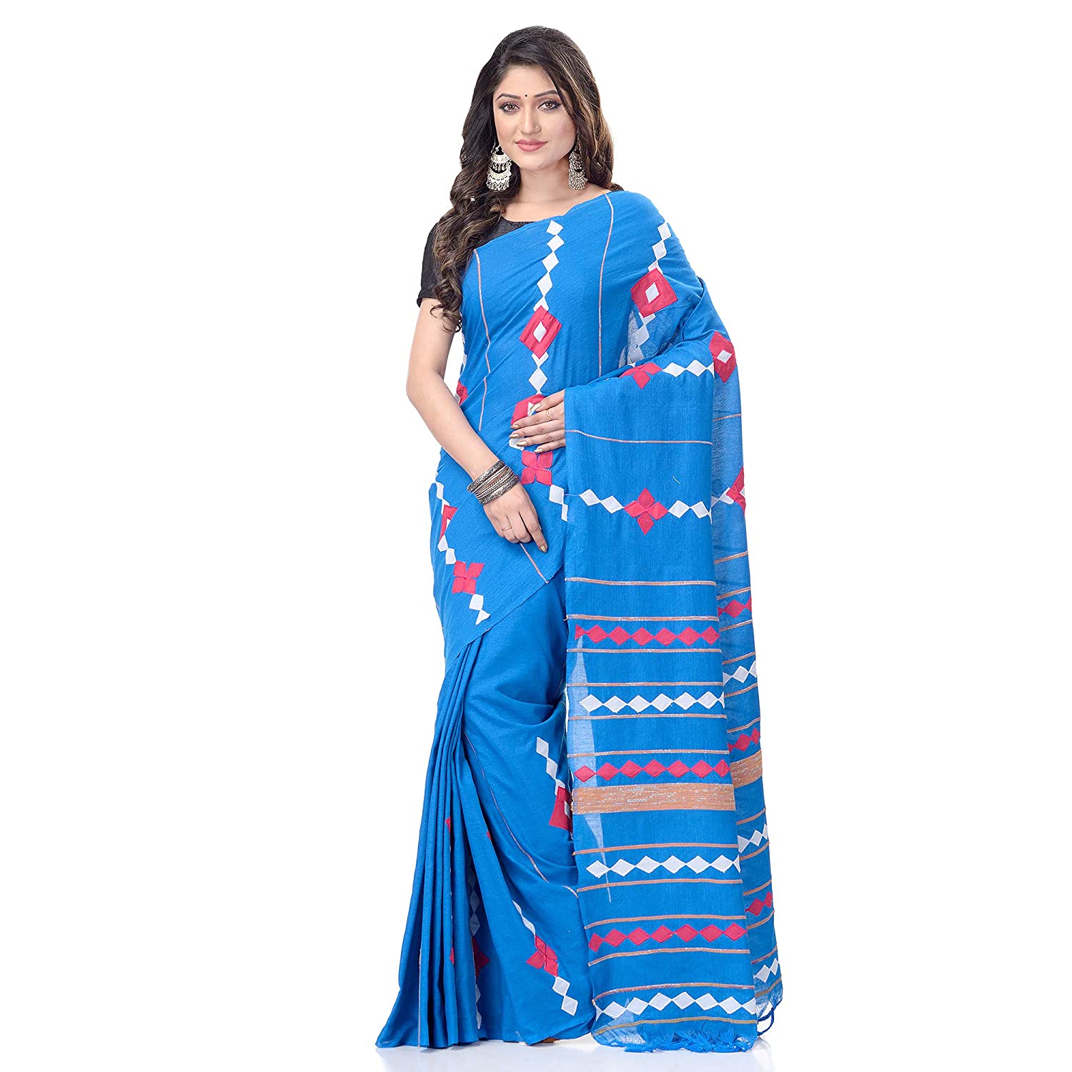 Desh Bidesh Women's Bengali Khesh Pure Cotton Handloom Saree Diamond Designed With Blouse Piece - Distacart