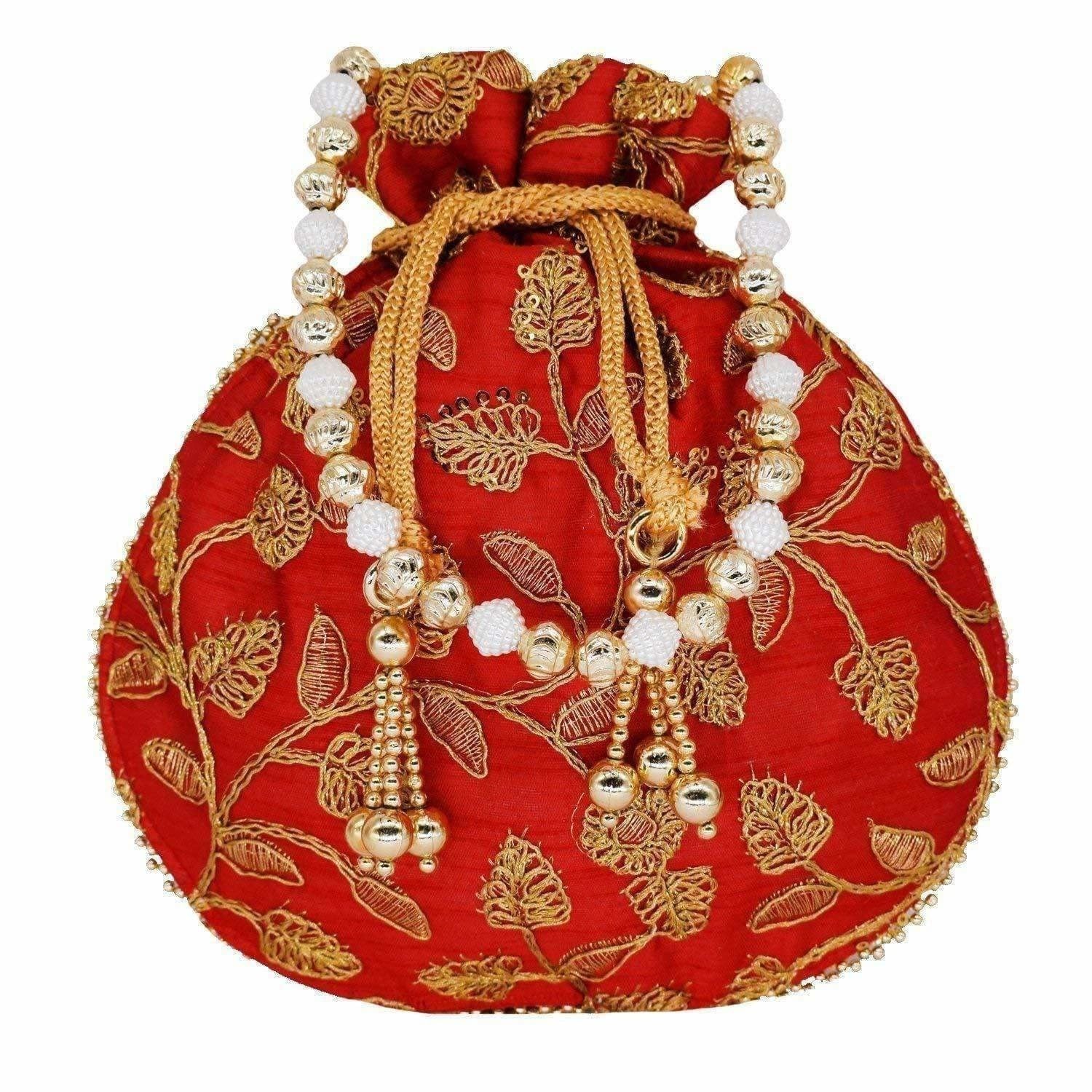 Ethnic Silk Potli bag Clutch Batwa Pouch with Embroidery and Metal Bead work Gift For Women - Distacart
