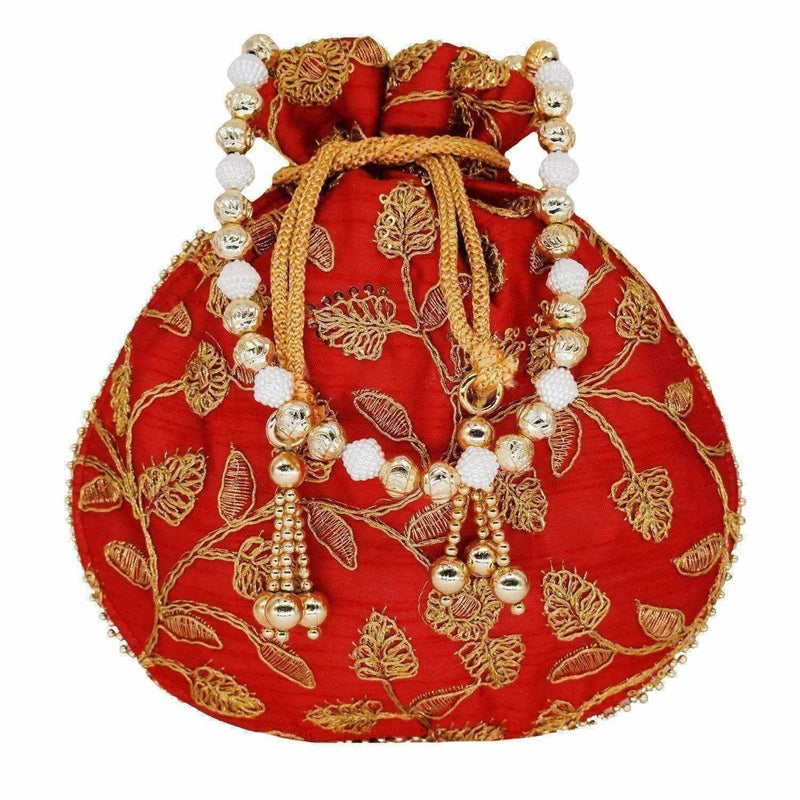 thumbnail image 2 of Potli Bag For Women Ethnic Gold, Pearl Handle Floral Accents, Drawstring Closure Pearls Handle Batwa Clutch Purse 2 of 14