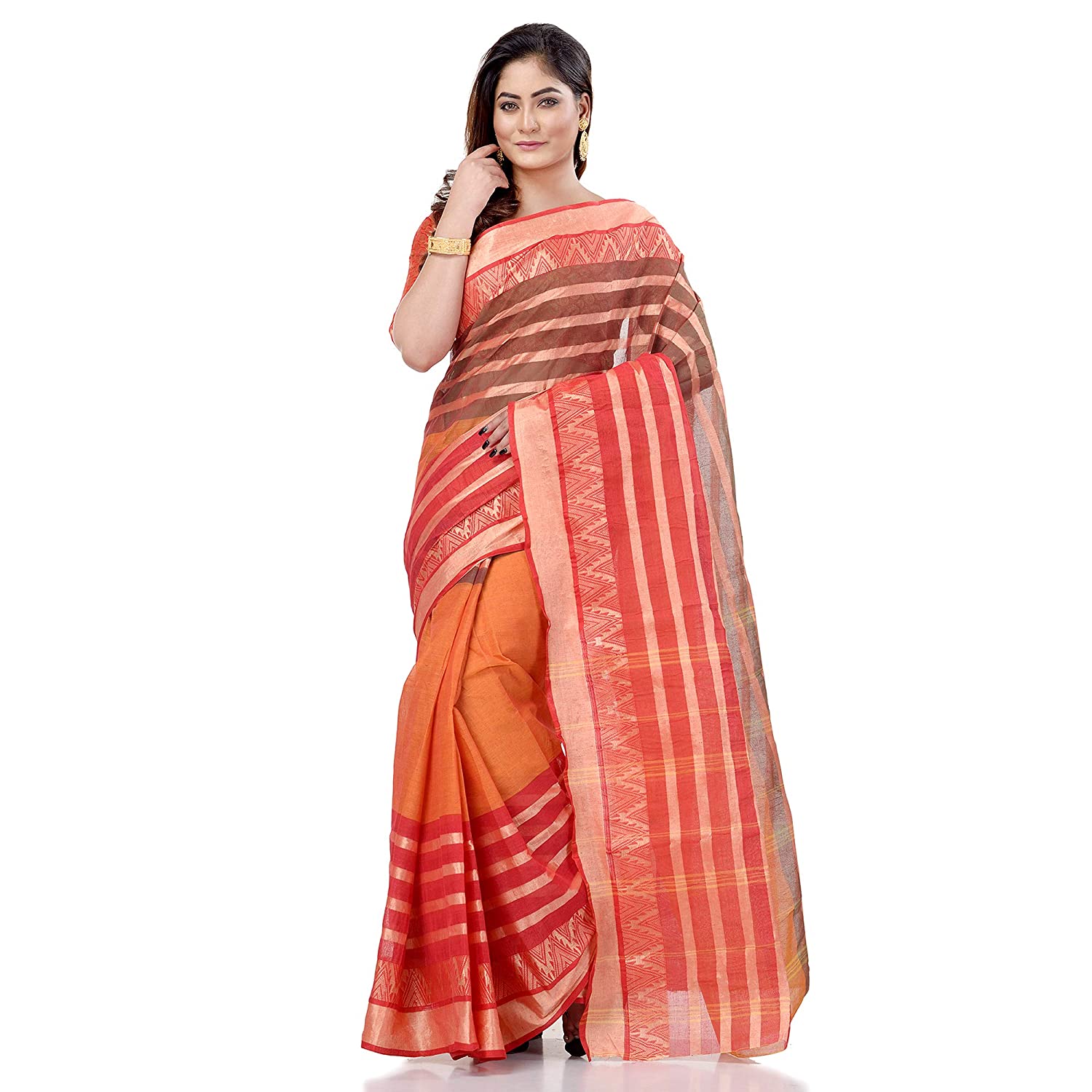 Desh Bidesh Women's Traditional Bengal Tant 3D Temple Design Handloom Pure Cotton Saree Without Blouse Piece - Distacart