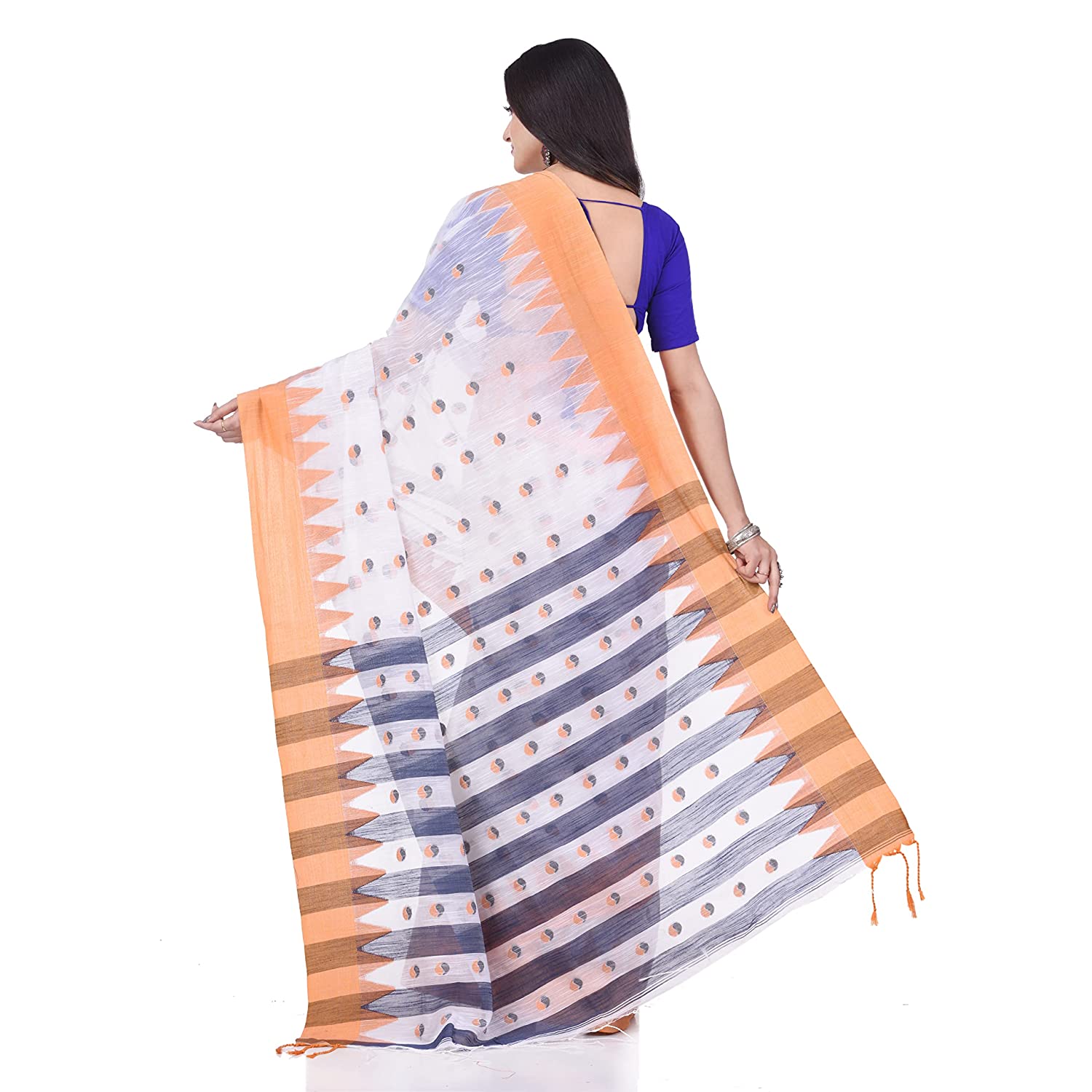 Desh Bidesh Women's Traditional Bengali Handloom Tant Pure Cotton Saree Khadi Bicolor Ball Temple Par Desigined With Blouse Piece - Distacart
