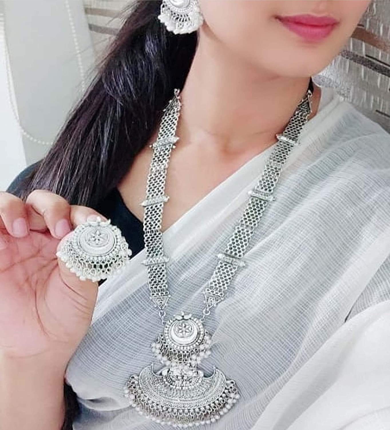 Silver-Plated Alloy Long Half Moon Oxidised Necklace - The Pari - Distacart