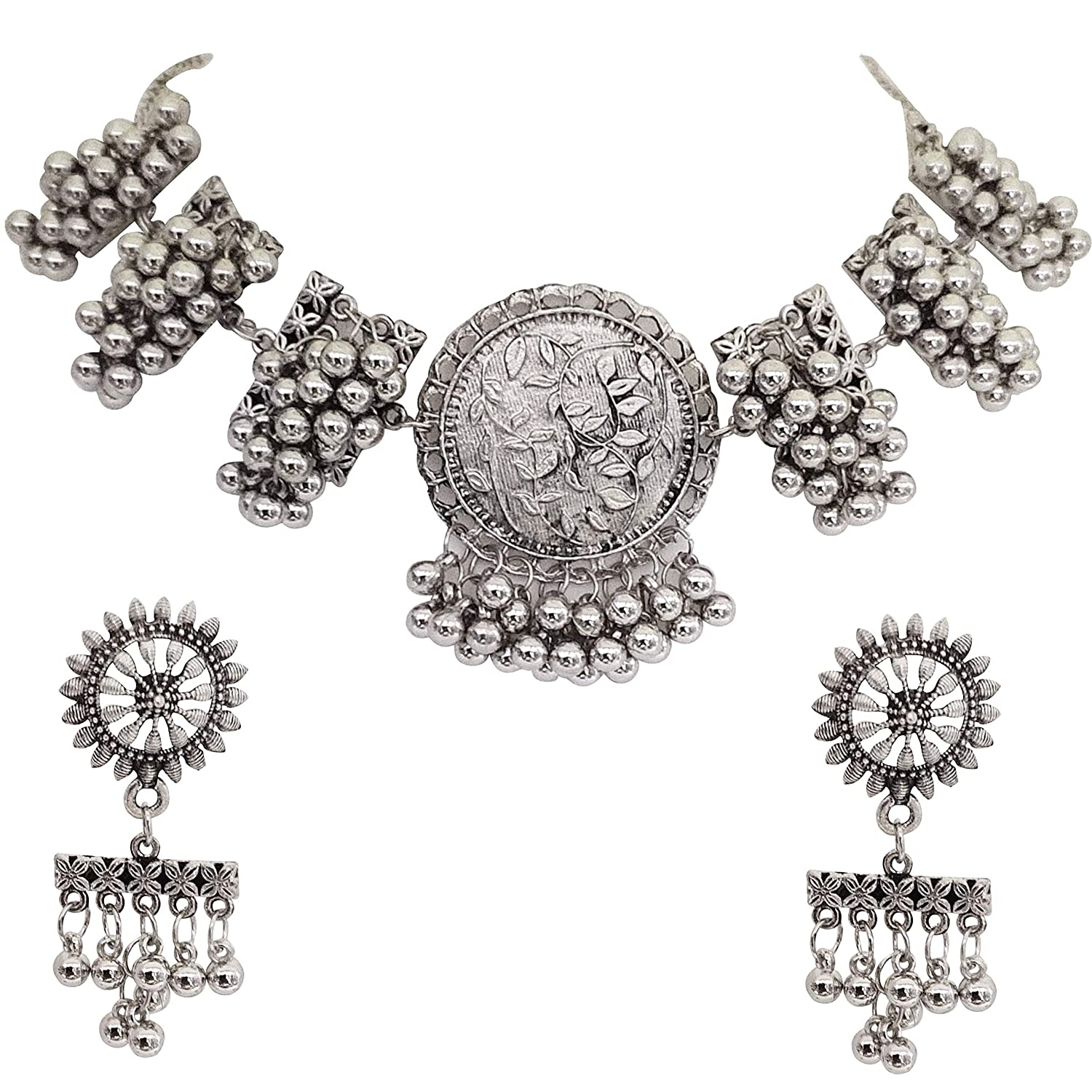 Silver-Plated Alloy Designer Round Motif Oxidised Necklace - The Pari - Distacart