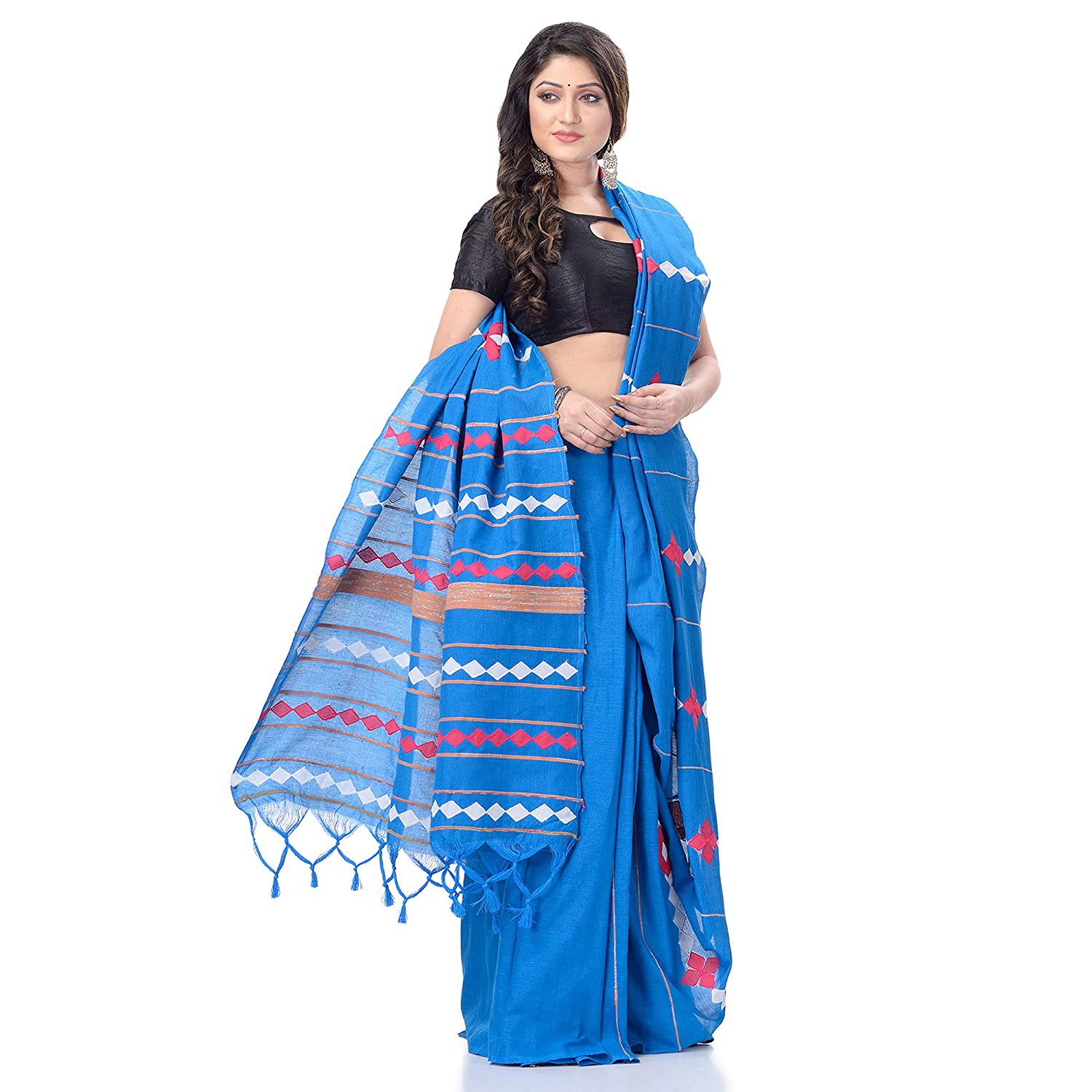 Desh Bidesh Women's Bengali Khesh Pure Cotton Handloom Saree Diamond Designed With Blouse Piece - Distacart