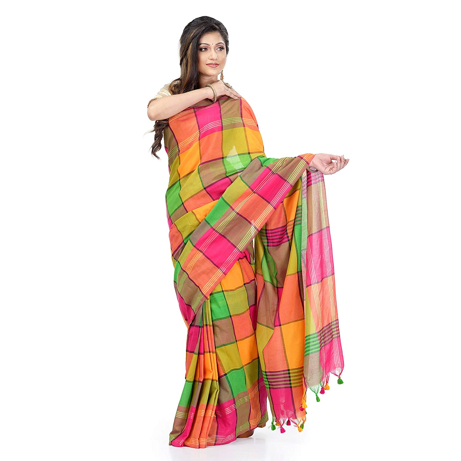 Desh Bidesh Women's Traditional Bengali Tant Handloom Pure Cotton Saree Checked Desigined With Blouse Piece - Distacart