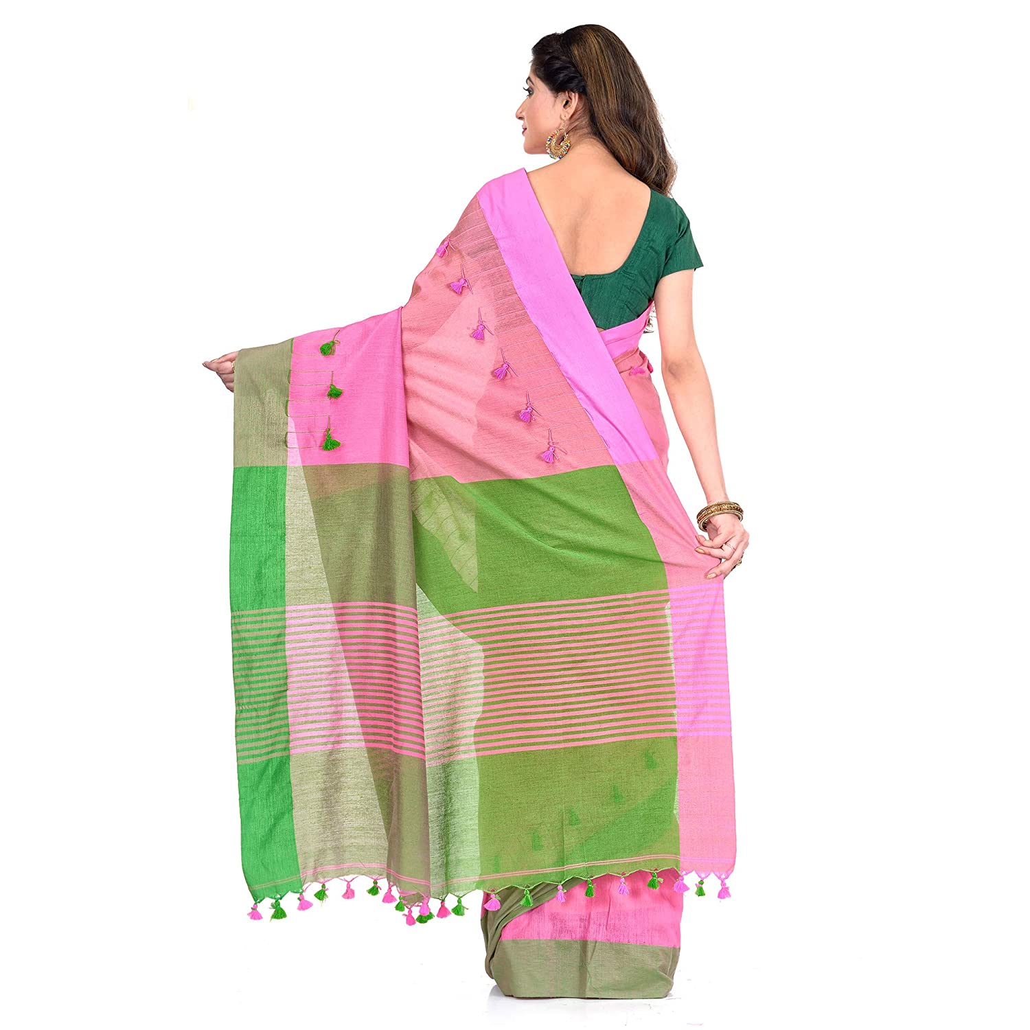 Desh Bidesh Women's Traditional Bengal Handloom Tant Pure Cotton Saree Pompom Designed With Blouse Piece - Distacart