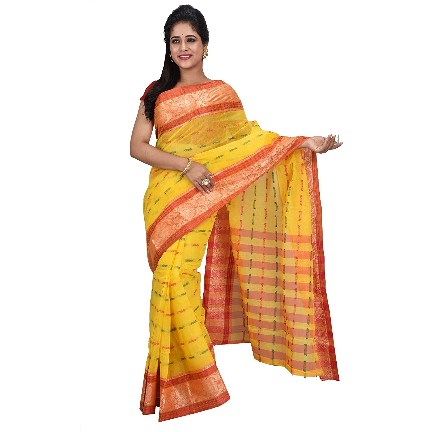Desh Bidesh Women's Traditional Bengal Tant Handloom Cotton Saree Without Blouse Piece (Yellow Red) - Distacart