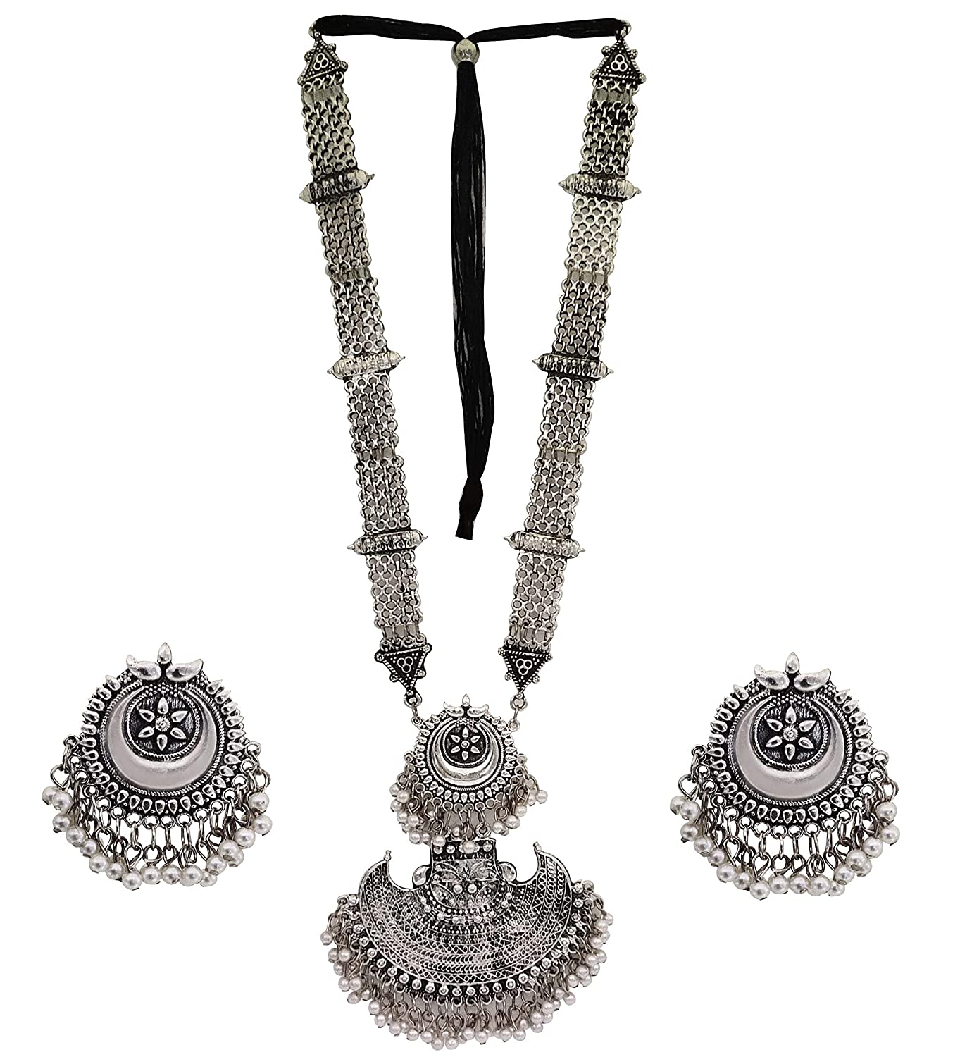 Silver-Plated Alloy Long Half Moon Oxidised Necklace - The Pari - Distacart