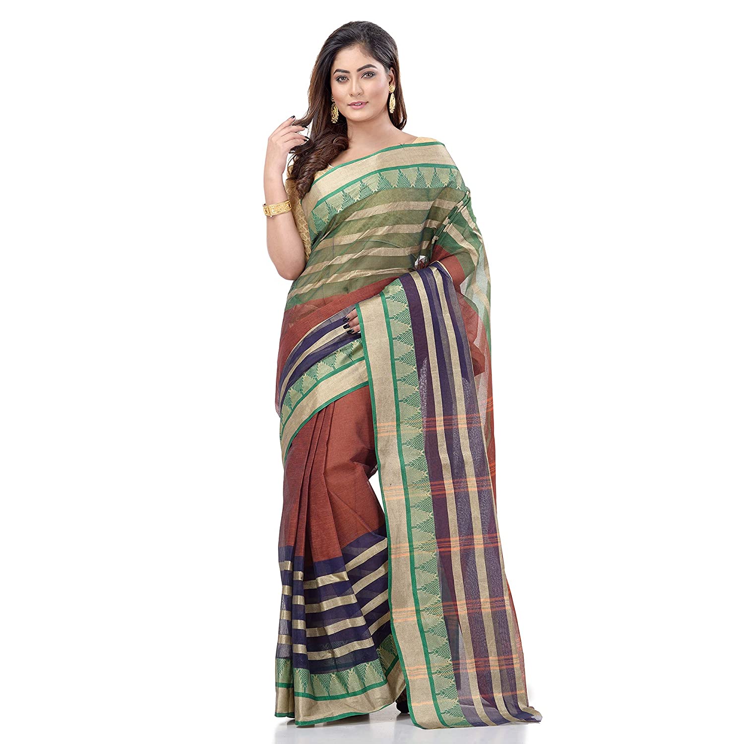 Desh Bidesh Women's Traditional Bengal Tant 3D Temple Design Handloom Pure Cotton Saree Without Blouse Piece - Distacart
