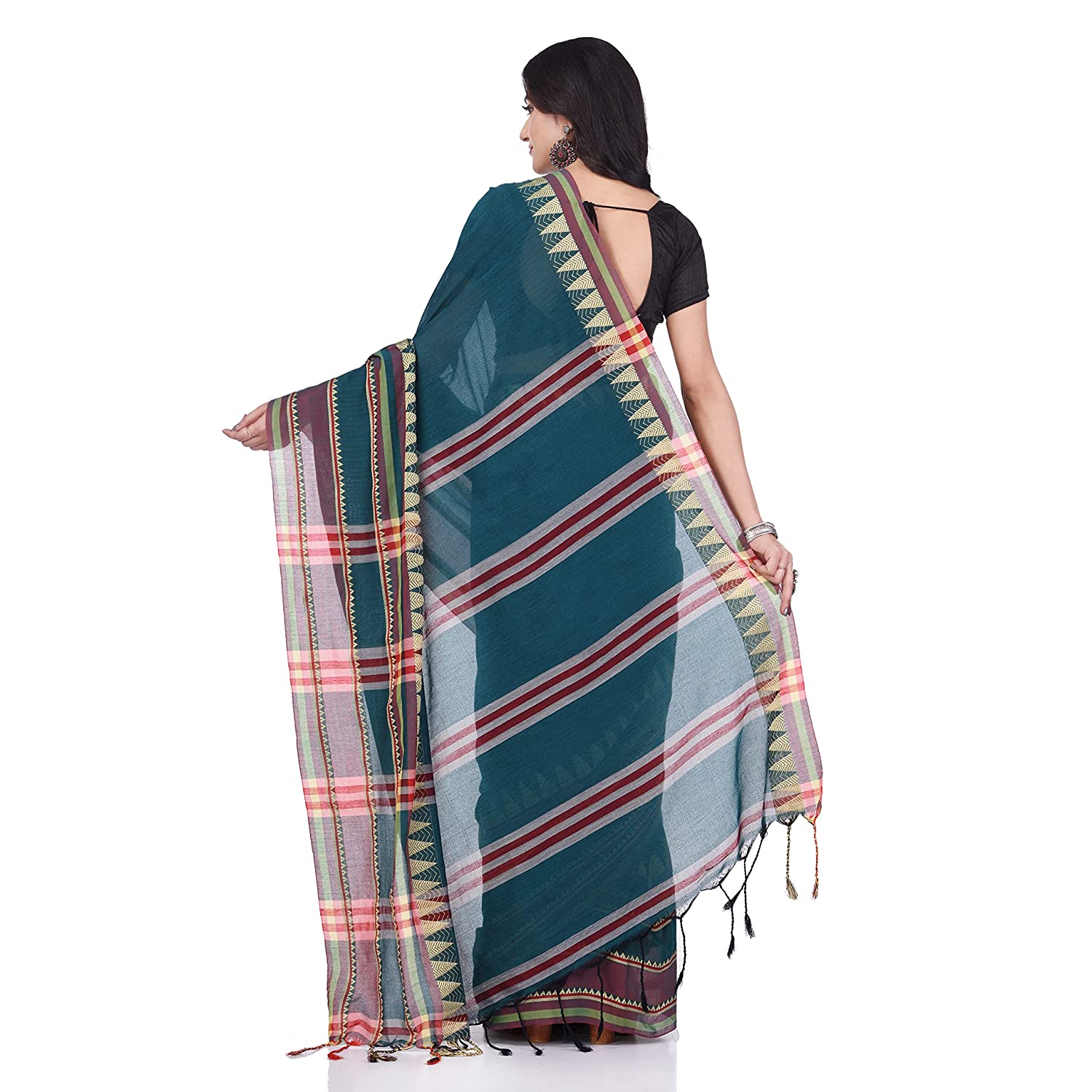 Desh Bidesh Women's Traditional Bengali Mandir Designed Pure Handloom Cotton Saree With Blouse Piece - Distacart