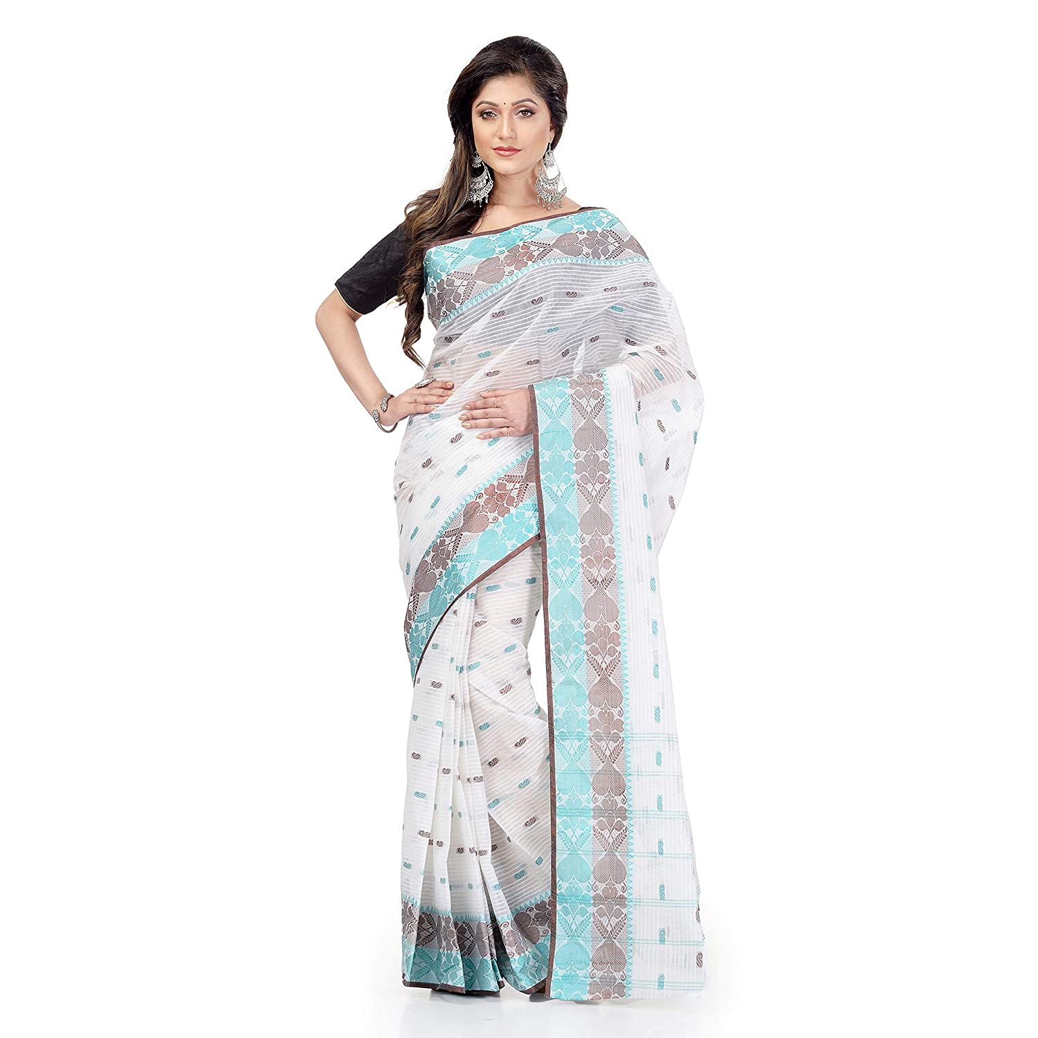 Desh Bidesh Women Pure Cotton Traditional Handloom Bengal Tant Saree Noyonchuri Design Without Blouse Piece (White Light Greenbrown) - Distacart