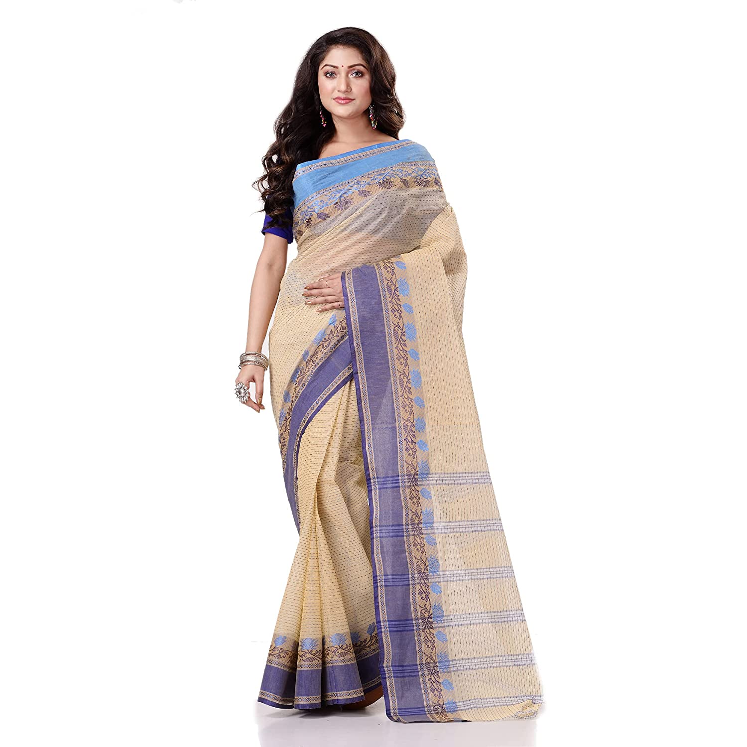 Desh Bidesh Women's Traditional Bengal Tant Pure Handloom Cotton Saree Jol Torongo Woven Design Without Blouse Piece - Distacart