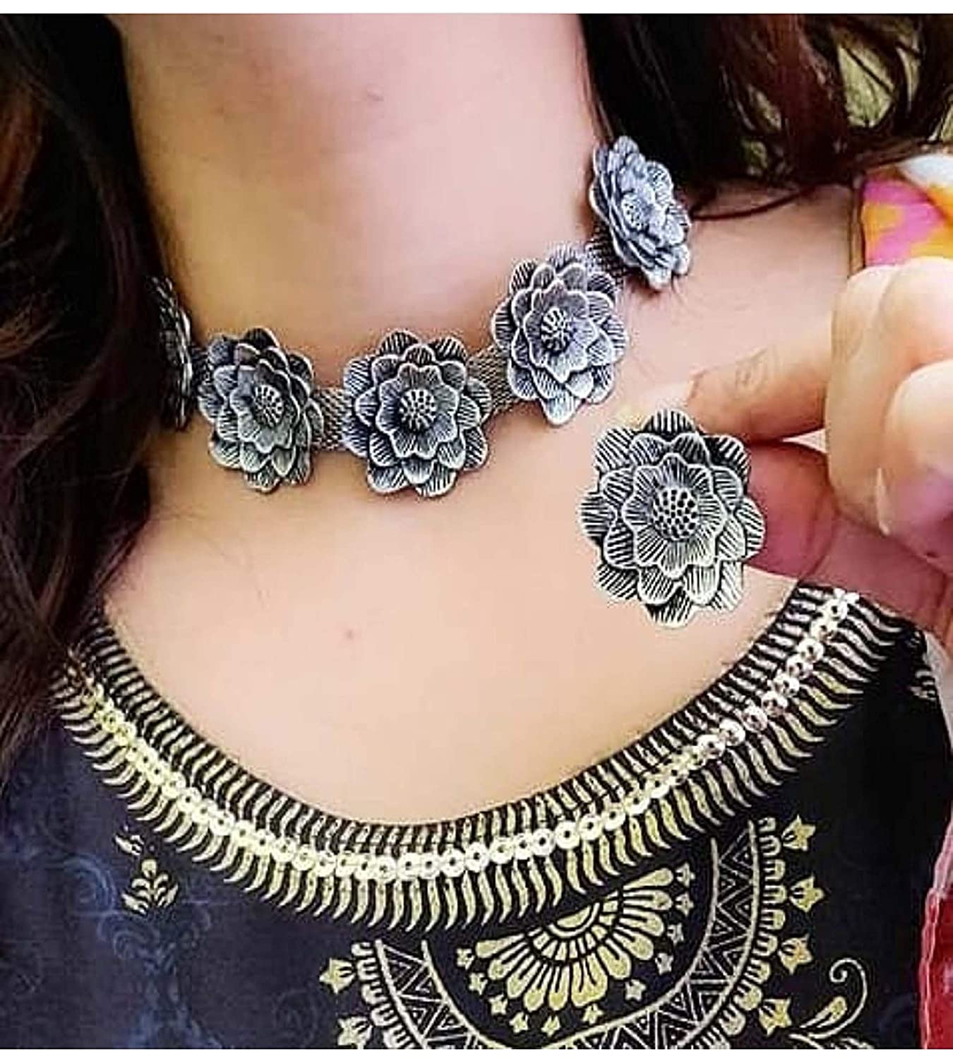 Silver-Plated Alloy Oxidised Rose Shape Necklace - The Pari - Distacart