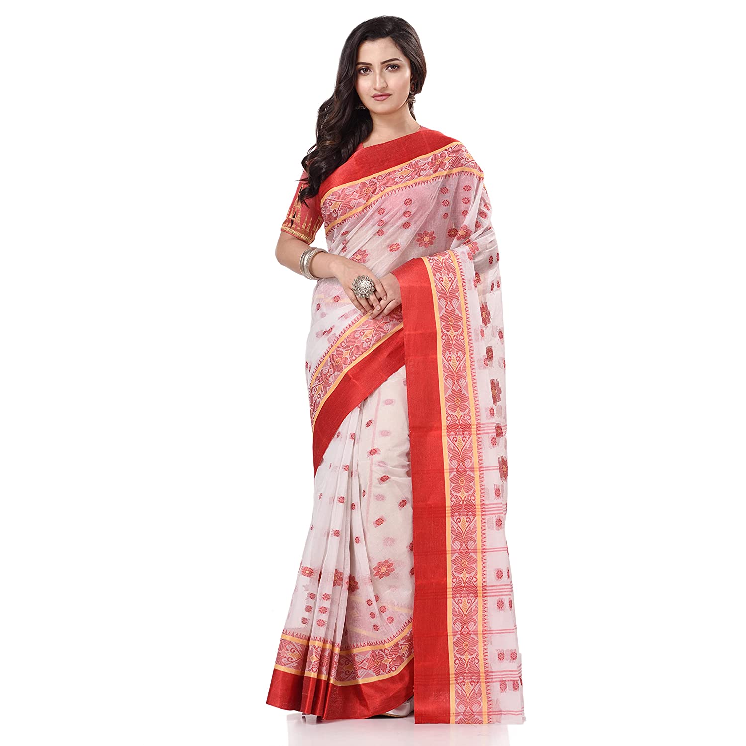 Desh Bidesh Women's Traditional Bengal Phulkoli Woven Design Pure Handloom Cotton Saree Without Blouse Piece - Distacart