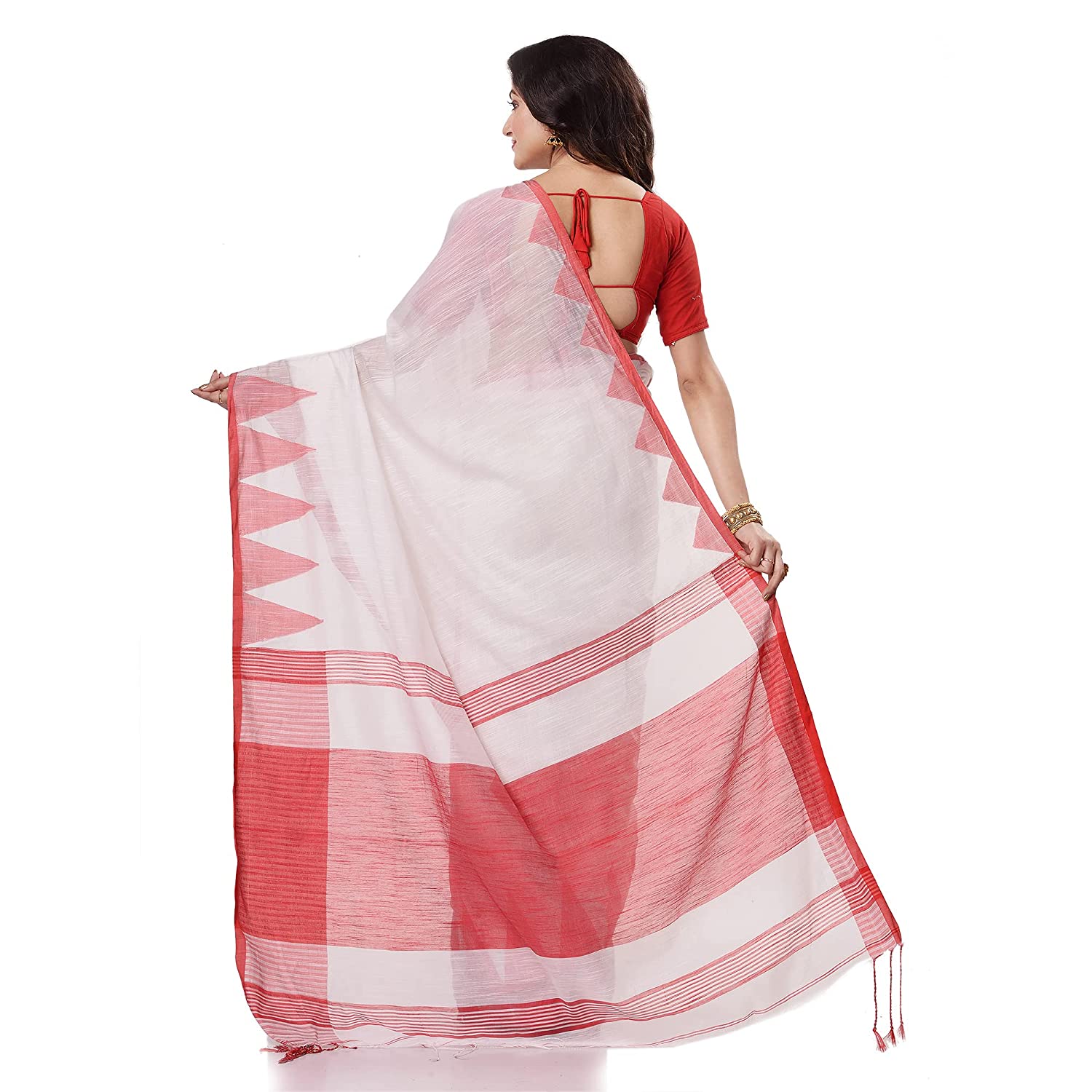 Desh Bidesh Women's Traditional Bengali Handloom Tant Pure Cotton Saree Khadi Temple Par Desigined With Blouse Piece - Distacart