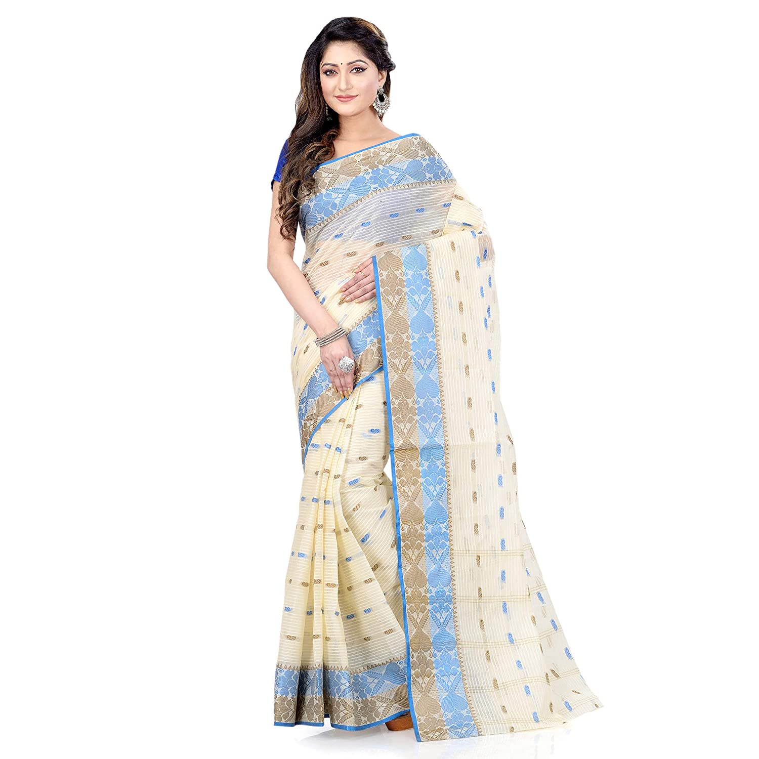 Desh Bidesh Women Pure Cotton Traditional Handloom Bengal Tant Saree Noyonchuri Design Without Blouse Piece (Sky Blue Brown) - Distacart