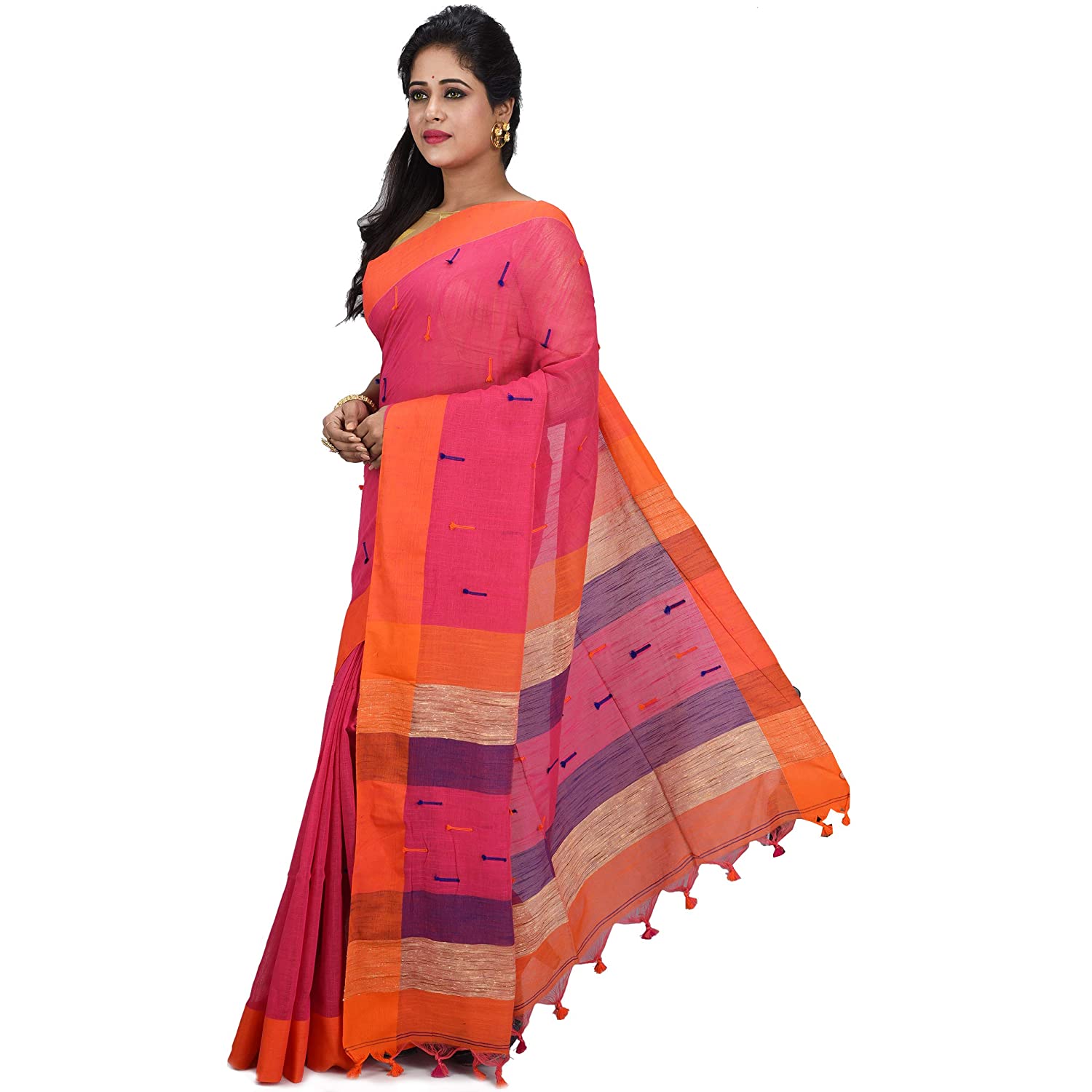 Desh Bidesh Women's Traditional Bengali Tant Handloom Cotton Saree With Blouse Piece (Pink Orange) - Distacart