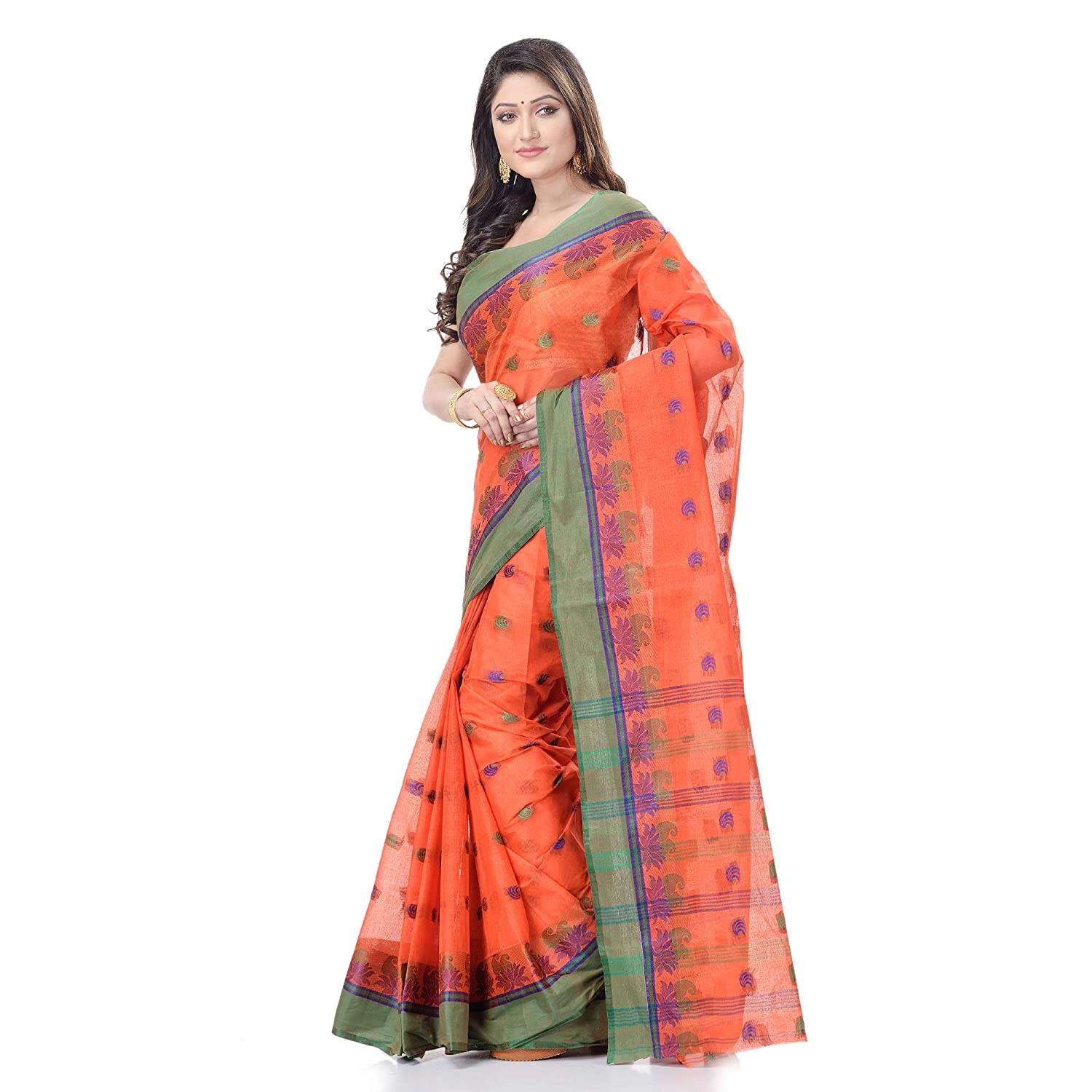 Desh Bidesh Women's Traditional Bengal Tant Woven Lotus Kolka Design Pure Cotton Handloom Saree Without Blouse Piece - Distacart