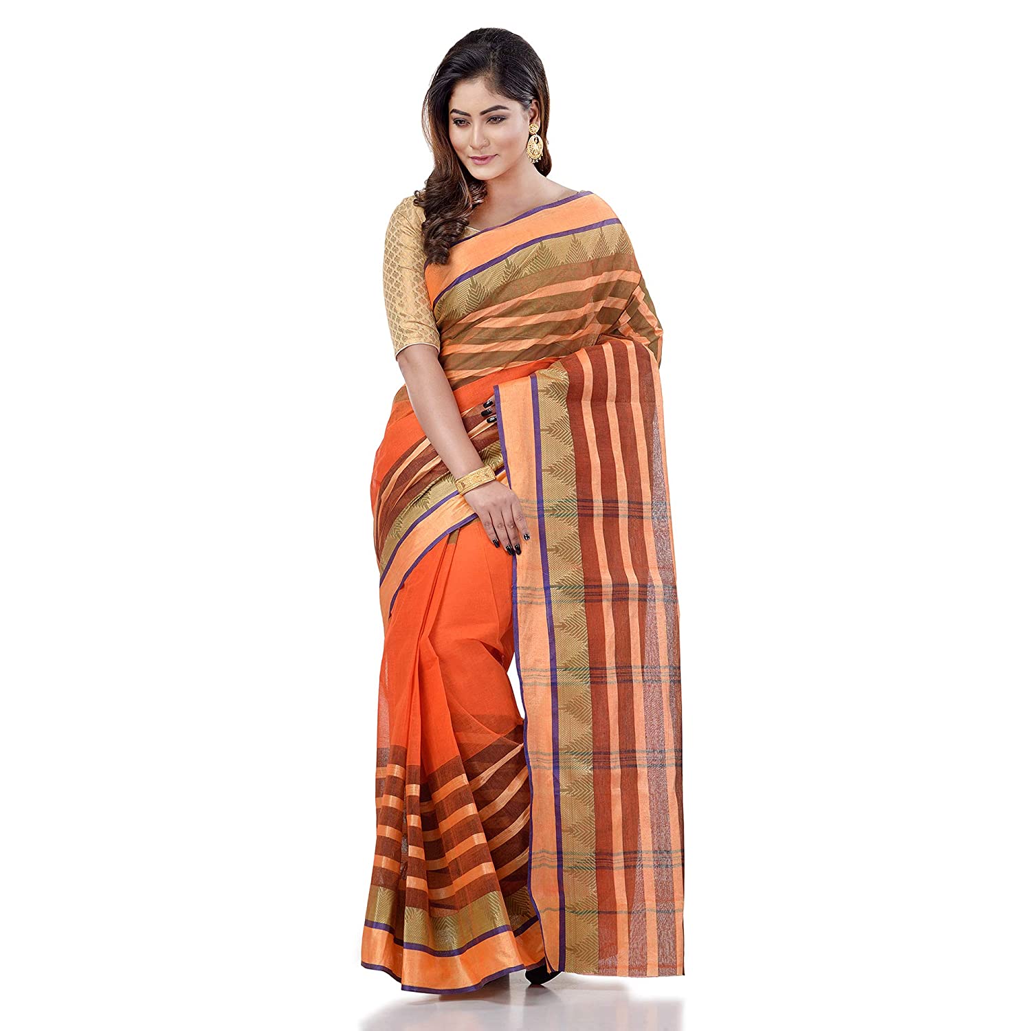 Desh Bidesh Women's Traditional Bengal Tant 3D Temple Design Handloom Pure Cotton Saree Without Blouse Piece - Distacart