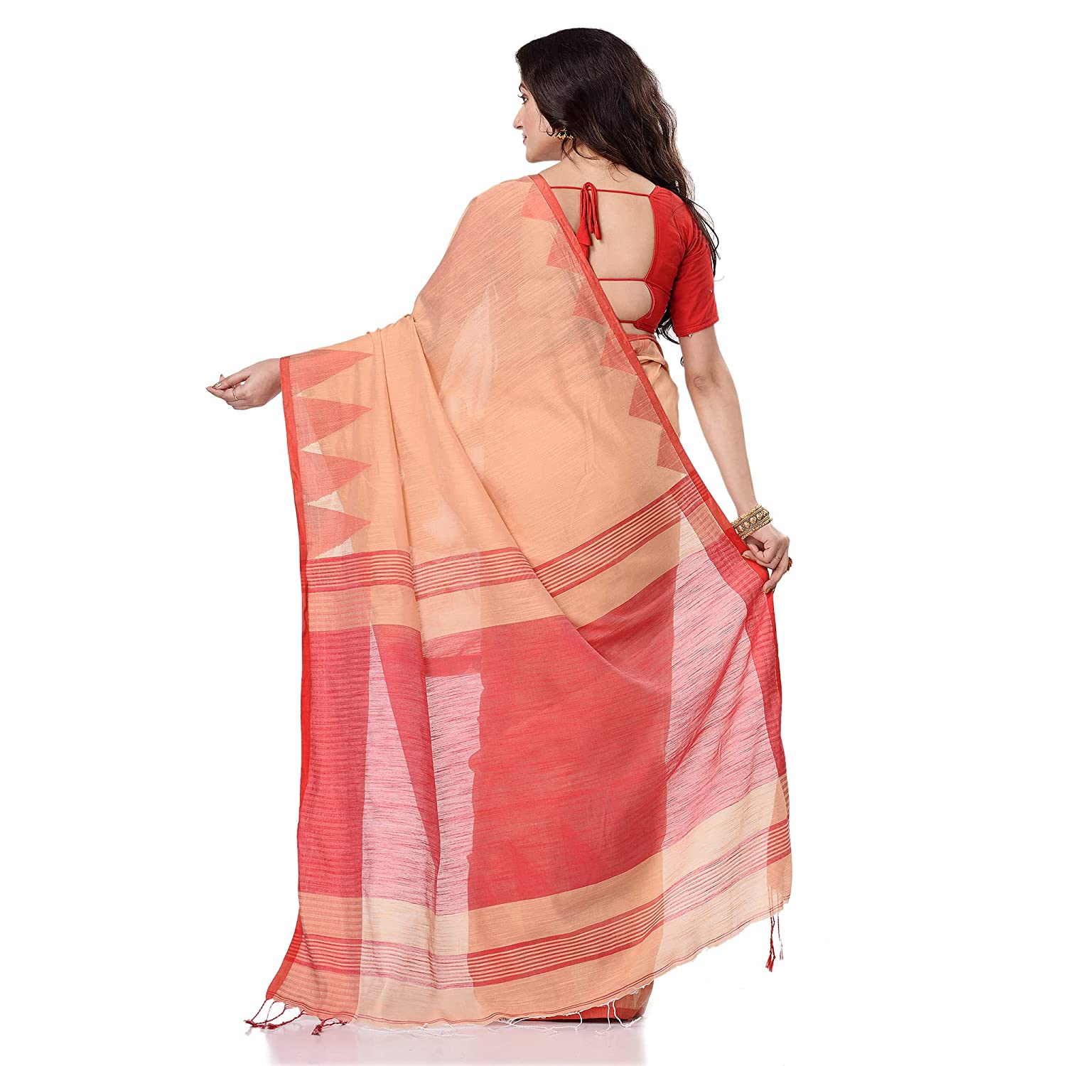 Desh Bidesh Women's Traditional Bengali Handloom Tant Pure Cotton Saree Khadi Temple Par Designed With Blouse Piece - Distacart
