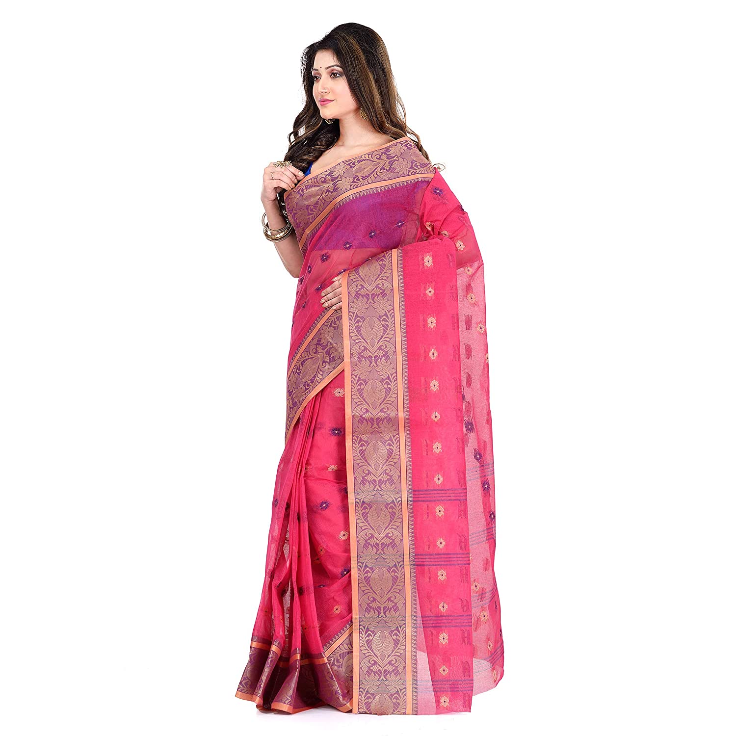 Desh Bidesh Women's Traditional Bengal Tant Woven Bee Kolka Design Pure Handloom Cotton Saree Without Blouse - Distacart