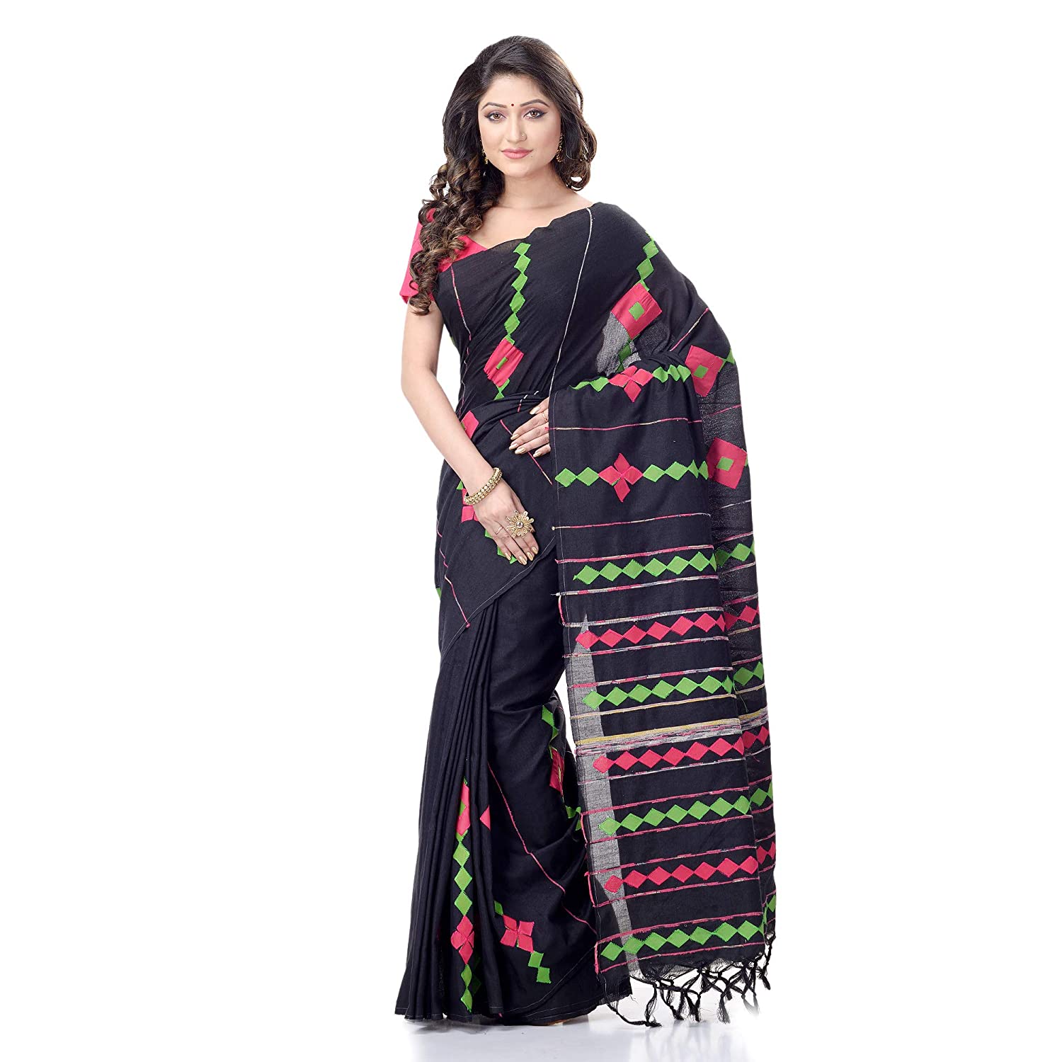 Desh Bidesh Women's Bengali Khesh Pure Cotton Handloom Saree Diamond Designed With Blouse Piece - Distacart