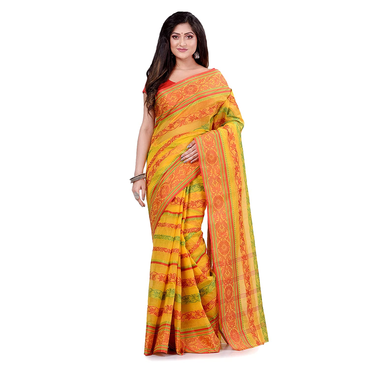 Desh Bidesh Women's Traditional Bengal Tant Pure Handloom Cotton Saree Blossom Design Without Blouse Piece - Distacart