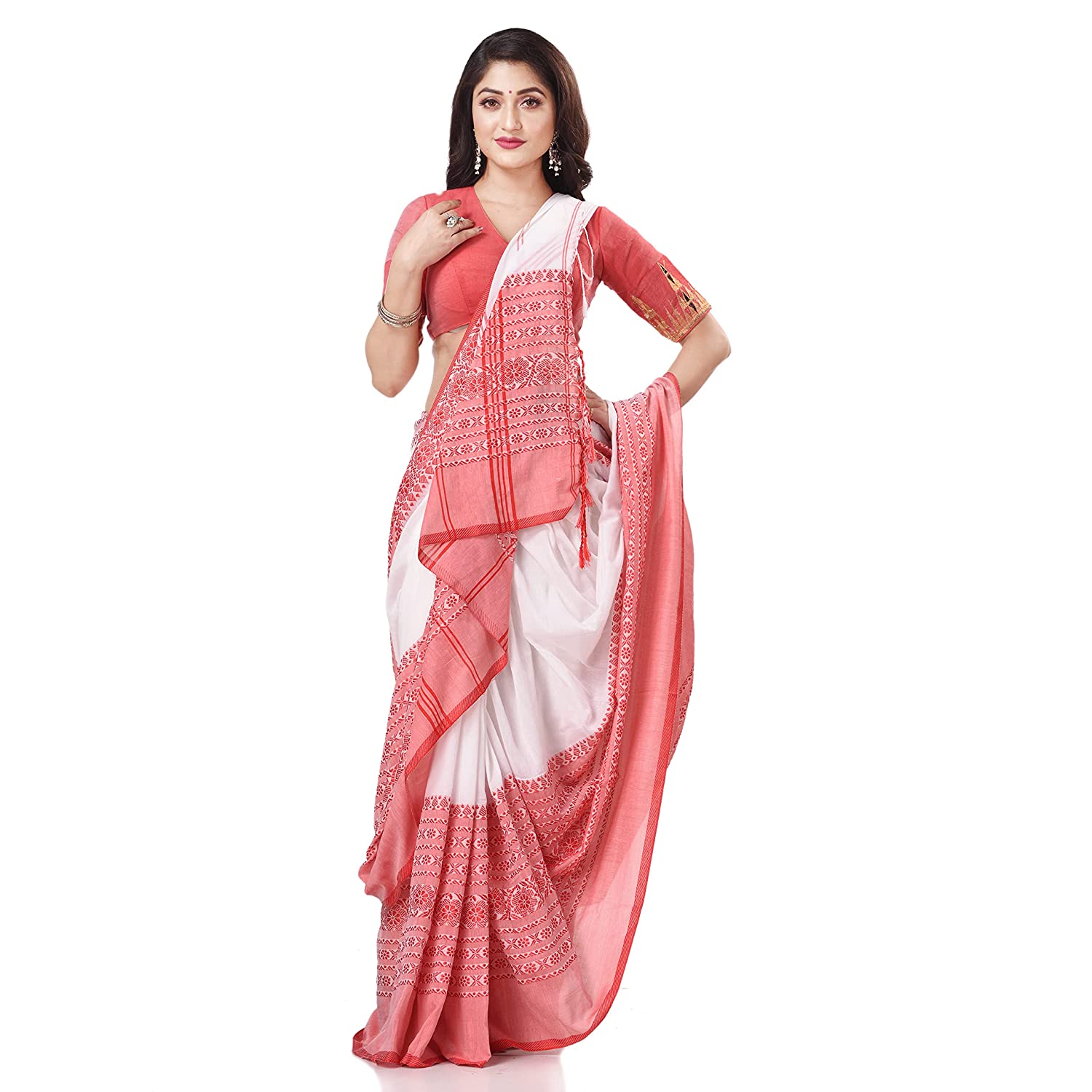 Desh Bidesh Women's Traditional Bengali Flower Design Bengamuri Pure Handloom Cotton Saree - Distacart