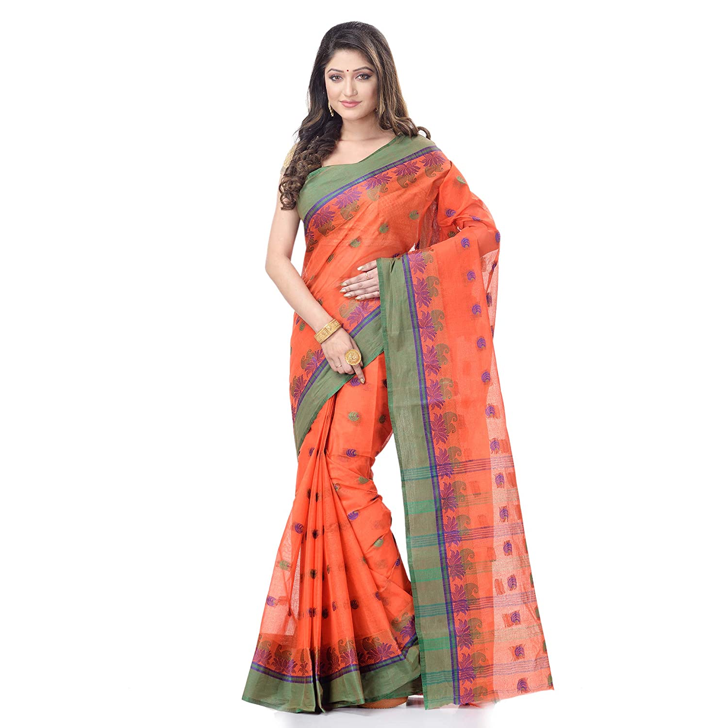 Desh Bidesh Women's Traditional Bengal Tant Woven Lotus Kolka Design Pure Cotton Handloom Saree Without Blouse Piece - Distacart