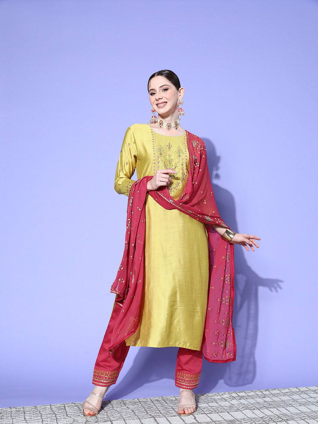 Sangria Ethnic Motifs Yoke Design Regular Sequinned Kurta with Trousers & Dupatta - Distacart