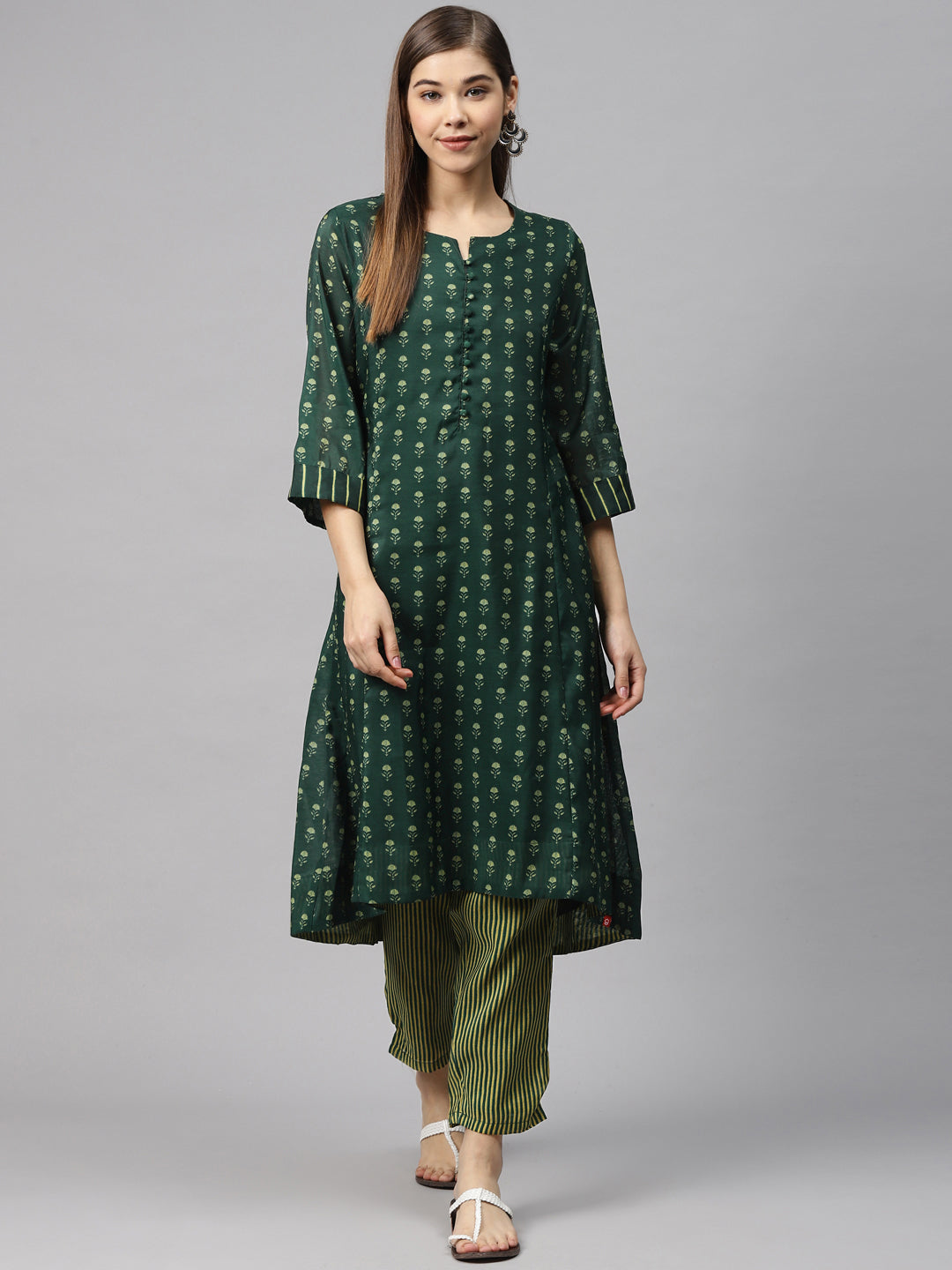 Biba Women Green Printed Kurta with Trousers - Distacart