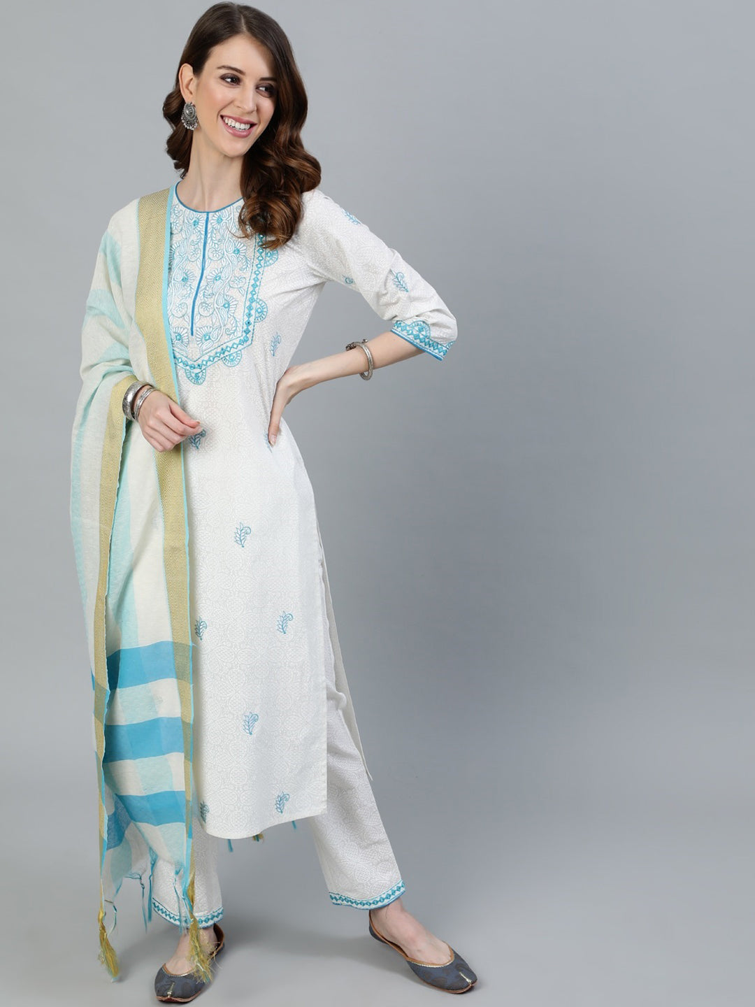 Jaipur Kurti Women White & Blue Embroidered Pure Cotton Kurta with Trousers & Dupatta - Distacart