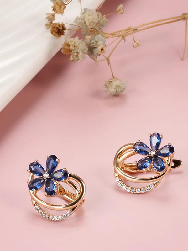 Shining Diva Rose Gold-Plated Blue Floral Studs Earrings - Distacart