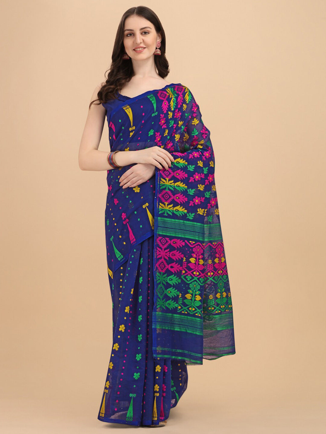 Kalini Navy Blue & Multi Color Floral Printed Silk Cotton Jamdani Saree - Distacart