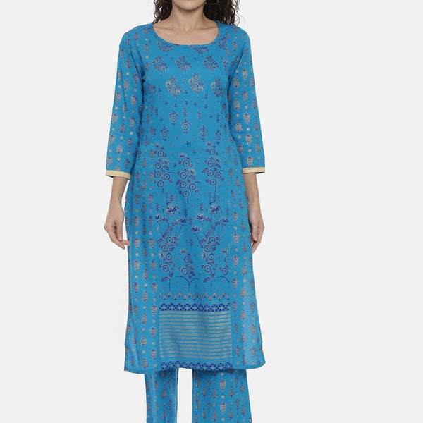 Souchii Turquoise Blue & Gold-Toned Floral Print Kurta with Palazzos - Distacart