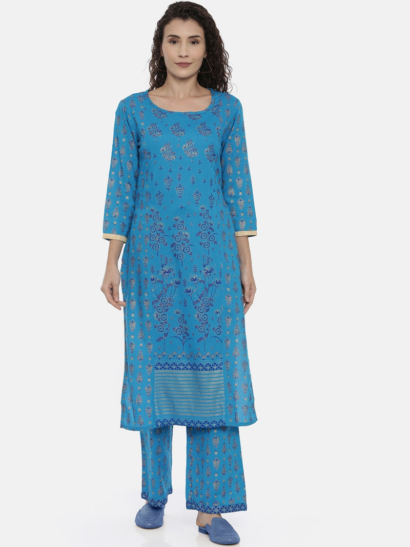 Souchii Turquoise Blue &amp; Gold-Toned Floral Print Kurta with Palazzos - Distacart