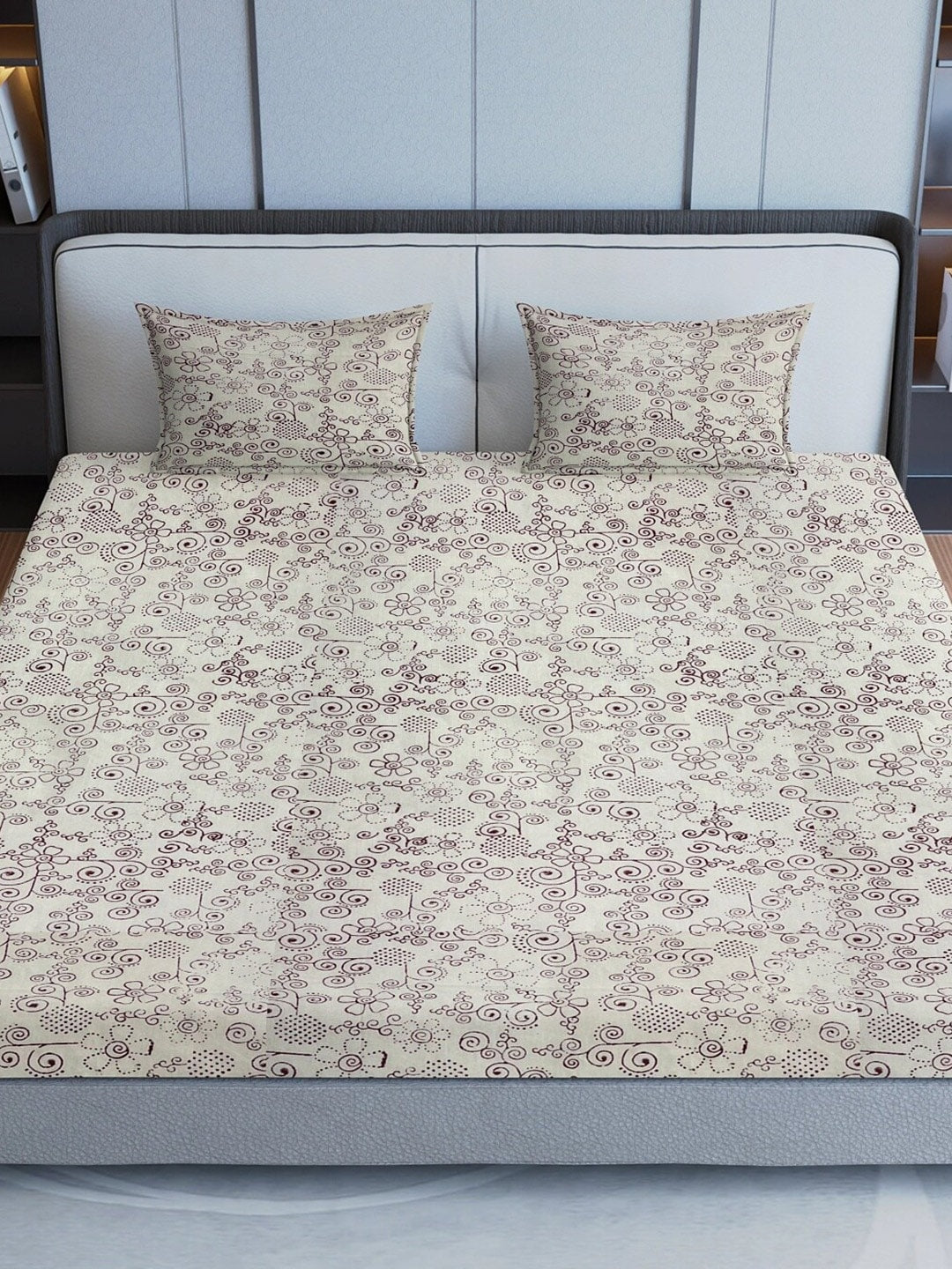 Sangria Maroon & Grey Ethnic Motif Printed 200TC Pure Cotton King Bedsheet Set - Distacart