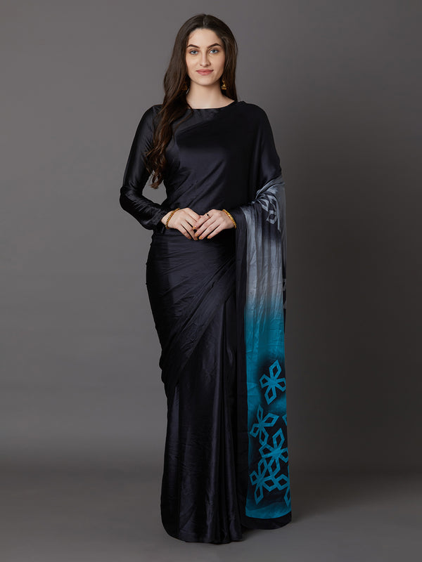 Mitera Black & Blue Poly Crepe Printed Saree - Distacart