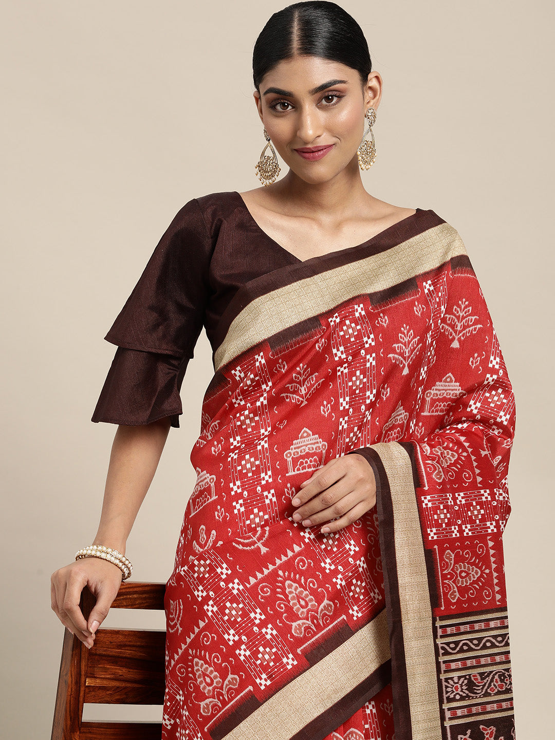 Kalini Red & White Ethnic Motifs Art Silk Sambalpuri Saree - Distacart