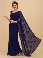 Thumbnail for Sangria Navy Blue Sequinned Pure Georgette Saree - Distacart