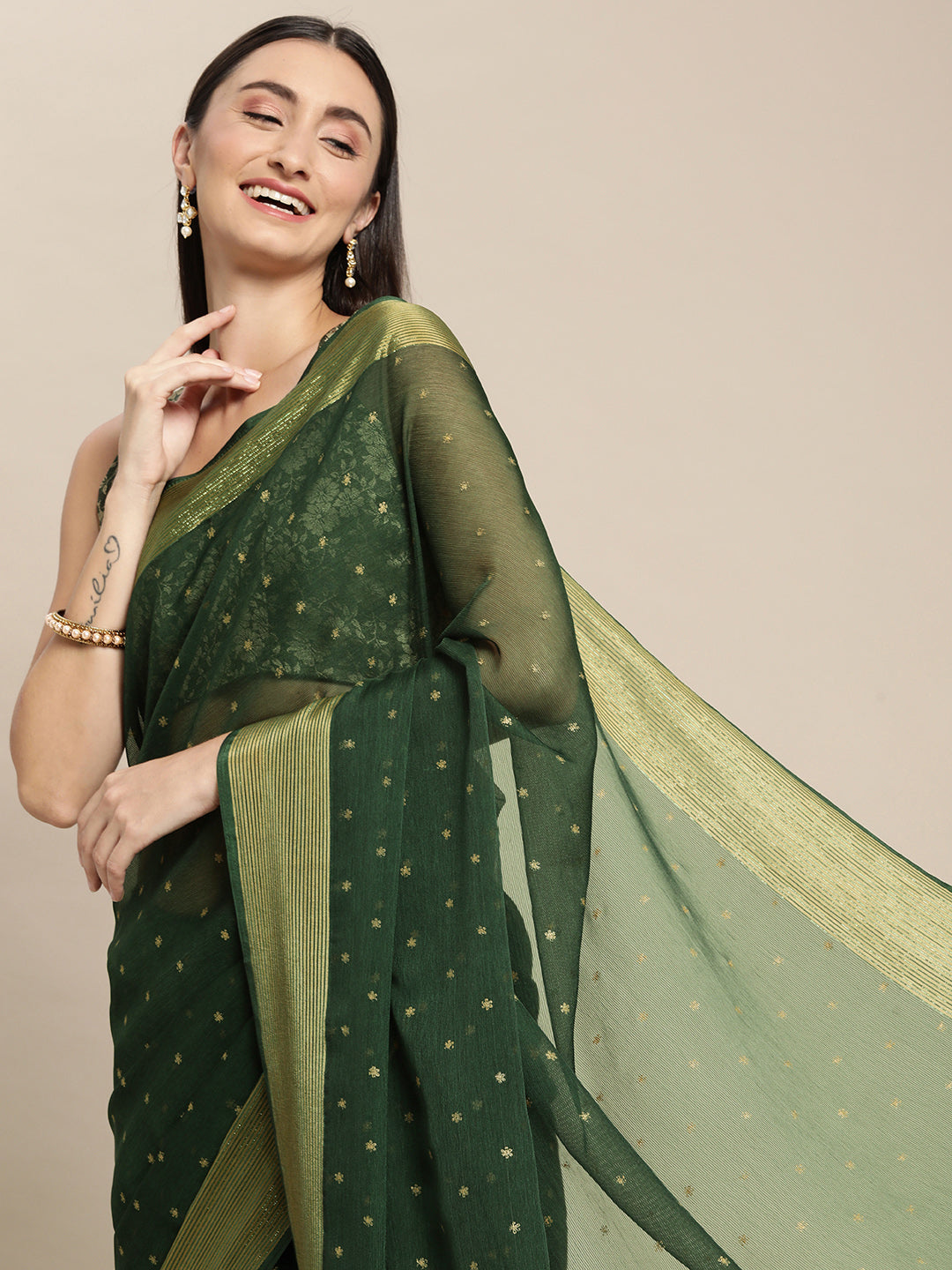 Mitera Green & Gold-Toned Floral Zari Pure Chiffon Saree - Distacart