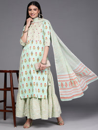 Thumbnail for Libas Green Floral Printed Pure Cotton Kurta with Skirt & With Dupatta - Distacart