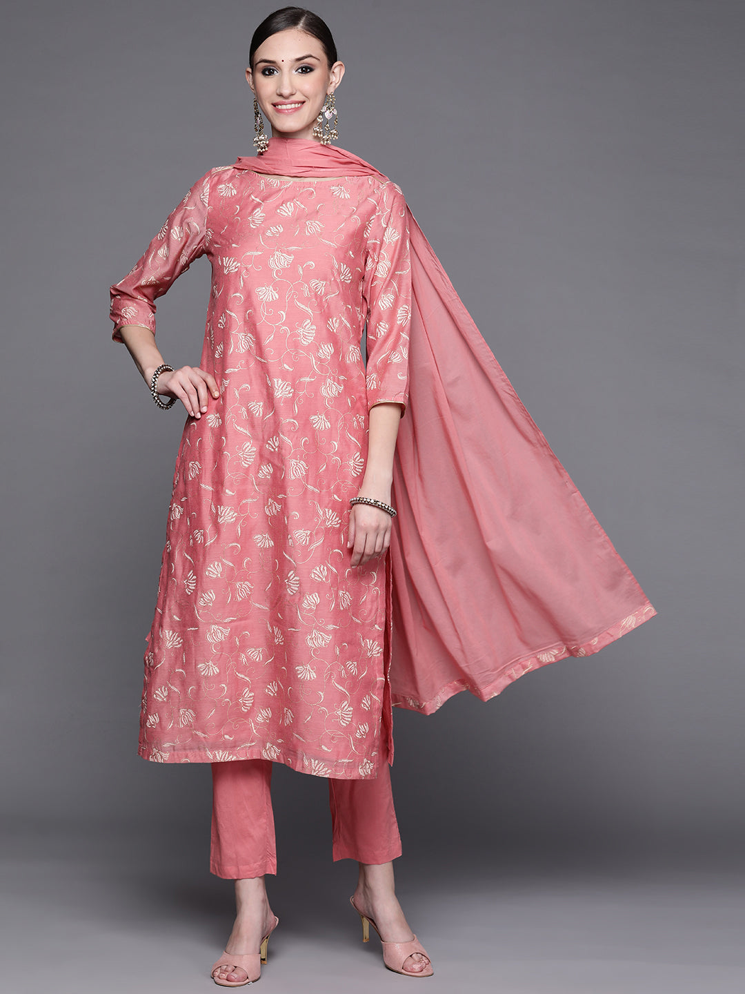 Biba Women Pink & Golden Ethnic Motifs Kurta with Trousers & Dupatta - Distacart