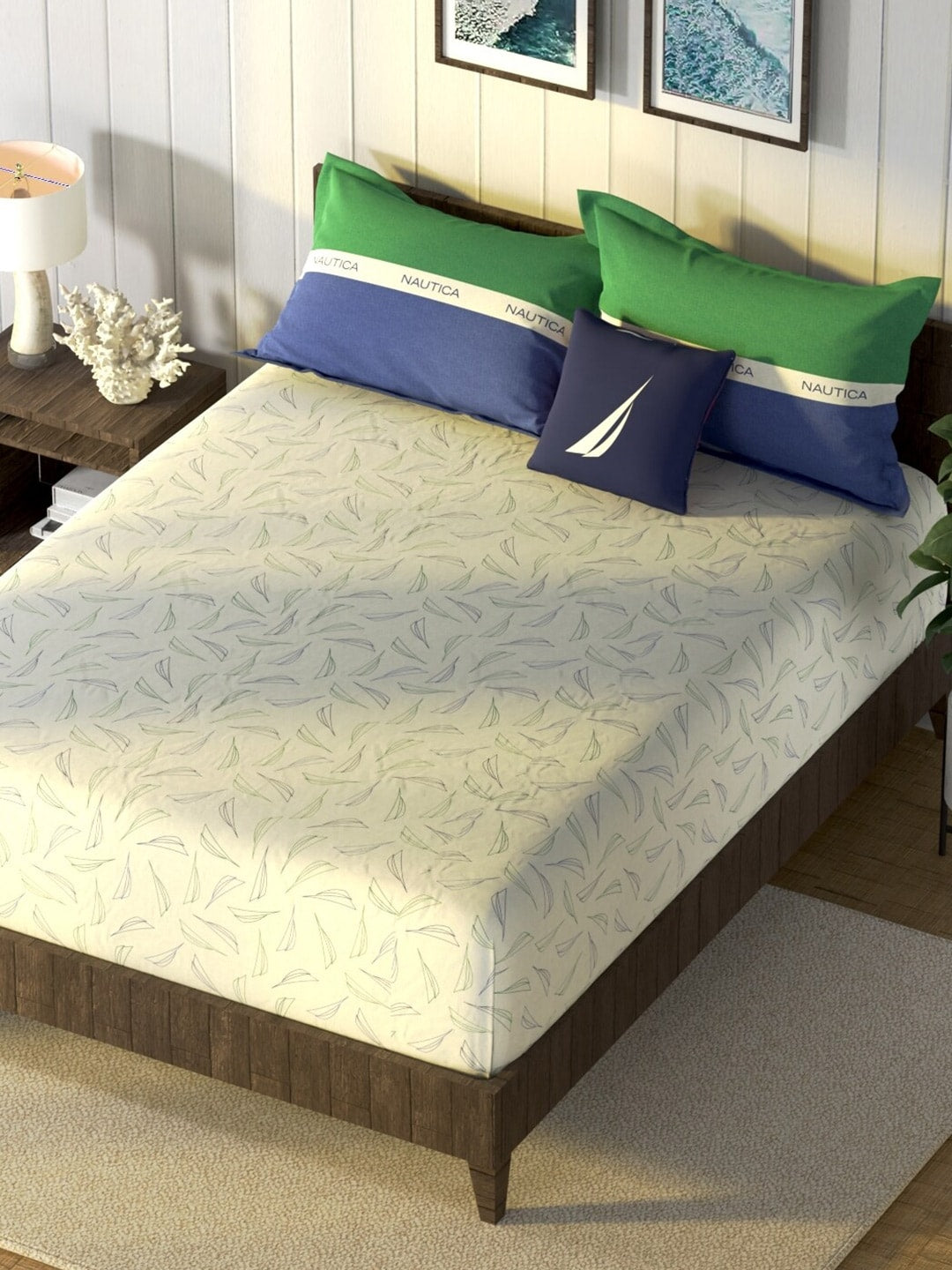 Nautica Noridge Green & Blue Floral Cotton 160 TC King Bedsheet With 2 Pillow Covers - Distacart