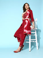 Thumbnail for Sangria Embroidered Thread Work Kurta with Trousers & With Dupatta - Distacart