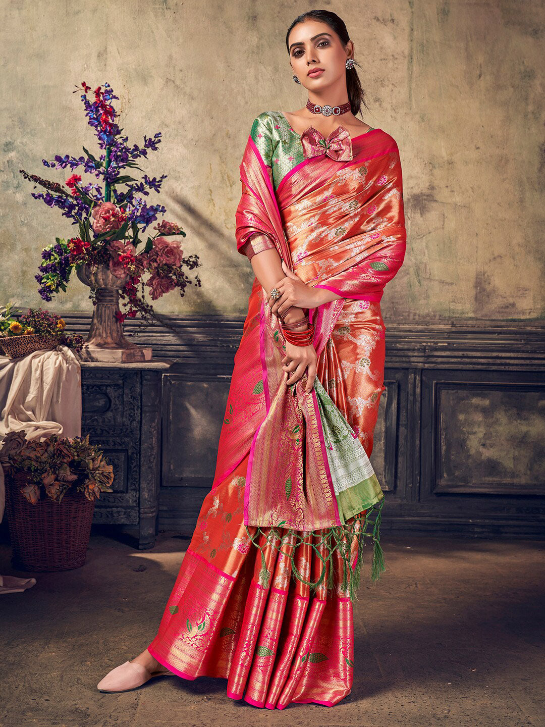 Sangria Rust Ethnic Woven-Designed Festive Saree With Blouse Piece - Distacart