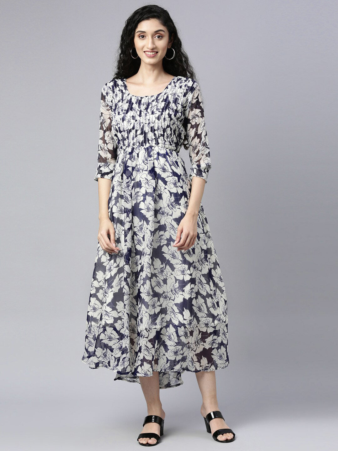 Souchii Floral Printed Chiffon Empire Midi Dress - Distacart