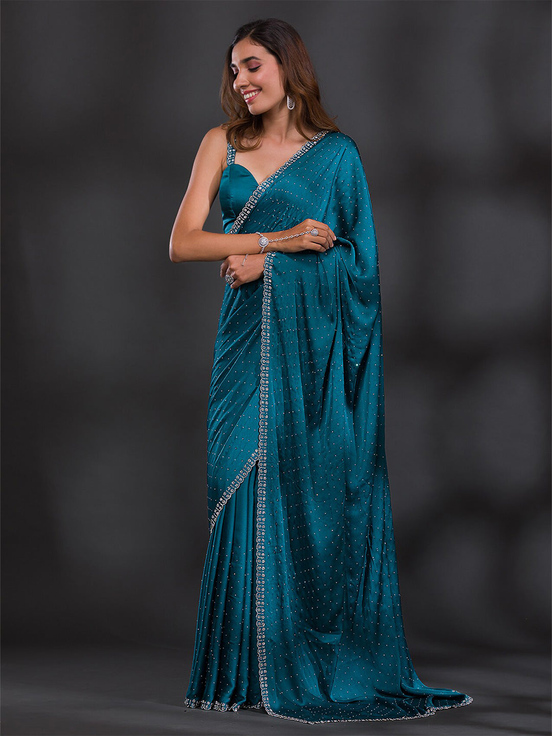 Koskii Embellished Beads and Stones Satin Saree - Distacart